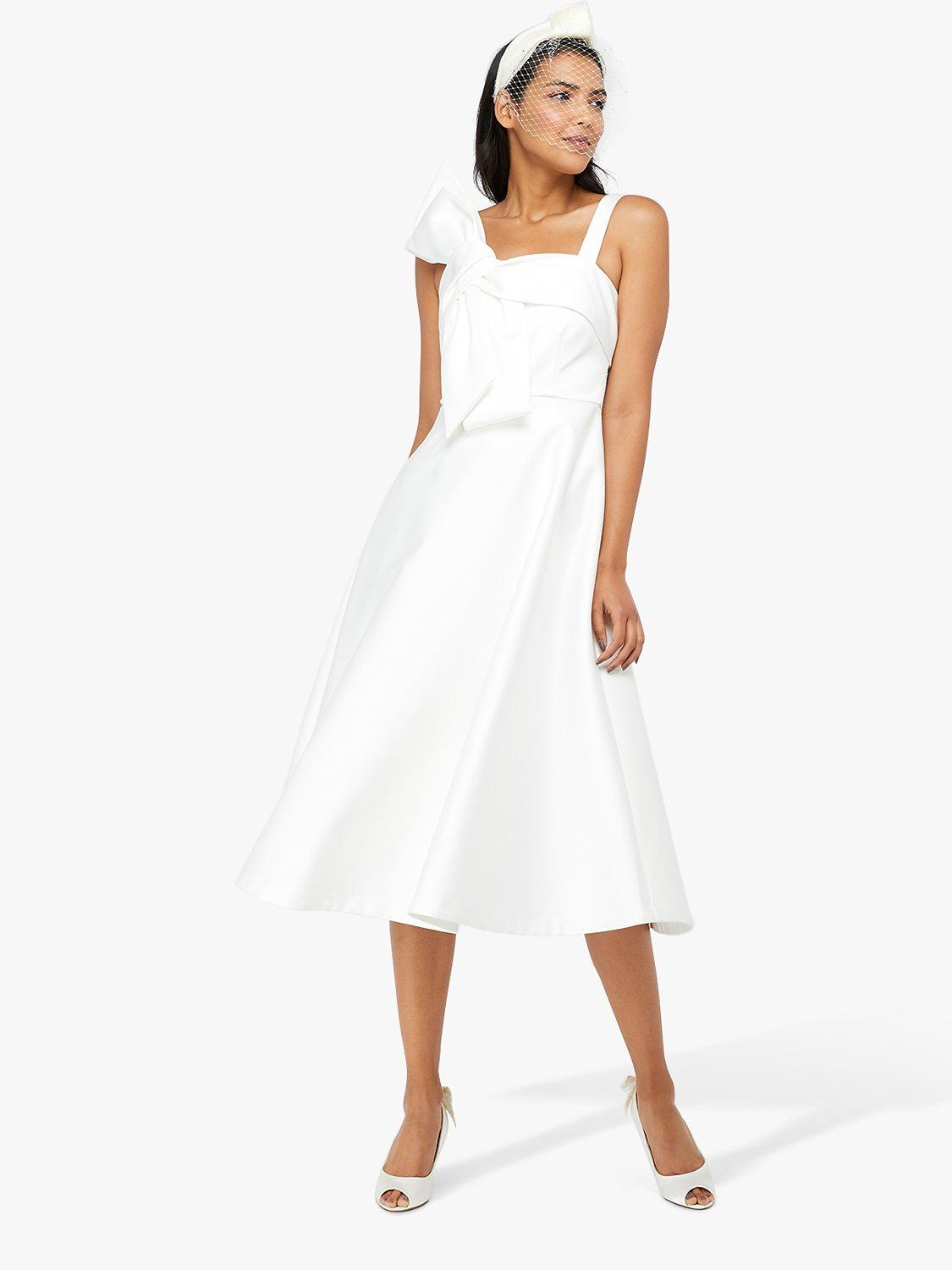 Monsoon Carrie Bridal Satin Bow Midi Dress, Ivory