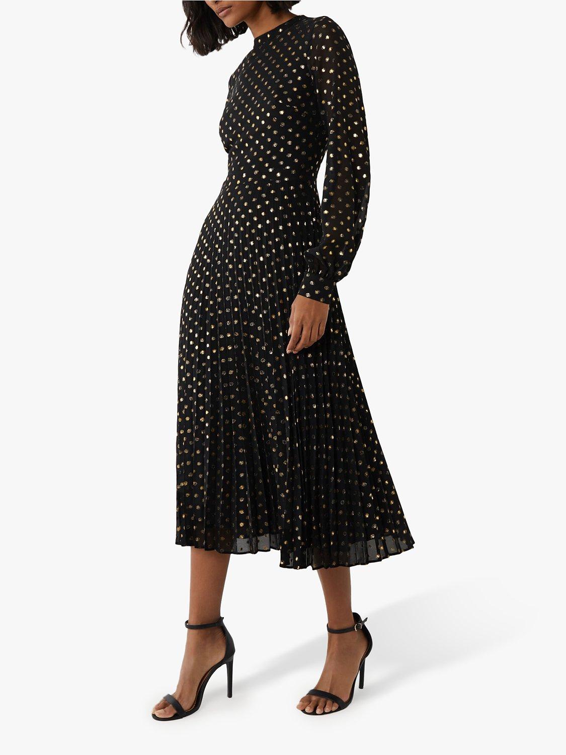 Warehouse Foil Spot Pleated Dress Black Gold