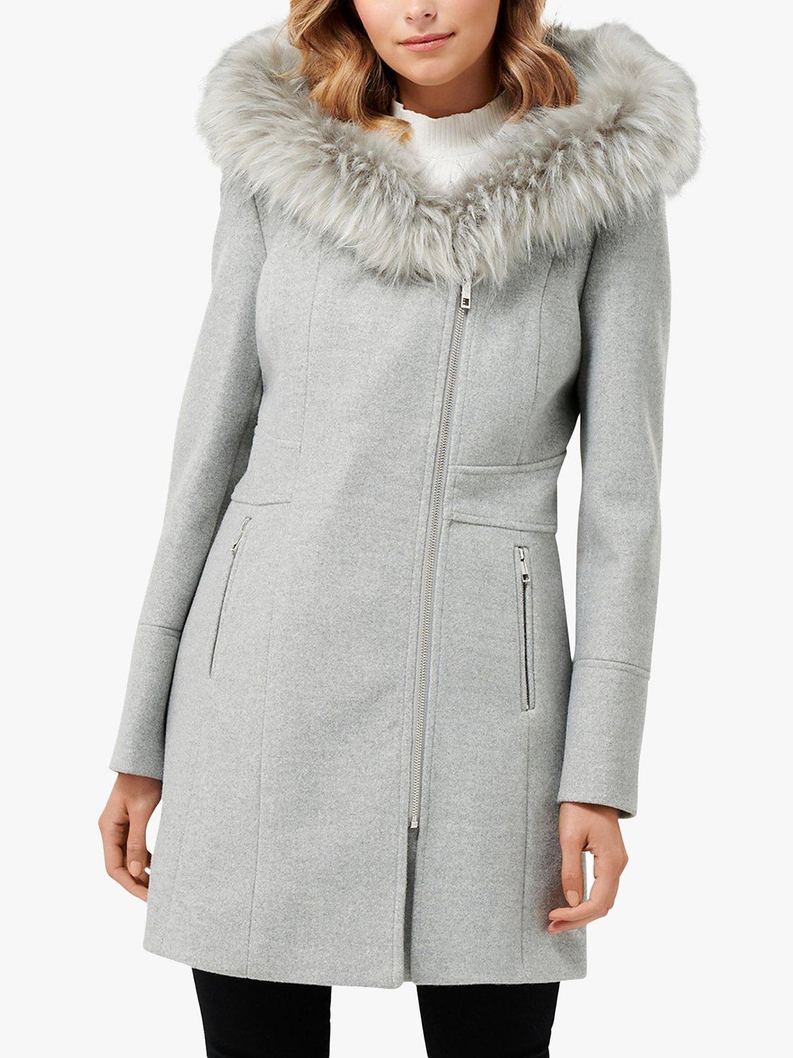 Forever New Prue Faux Fur Trim Hooded Coat, Grey Marl