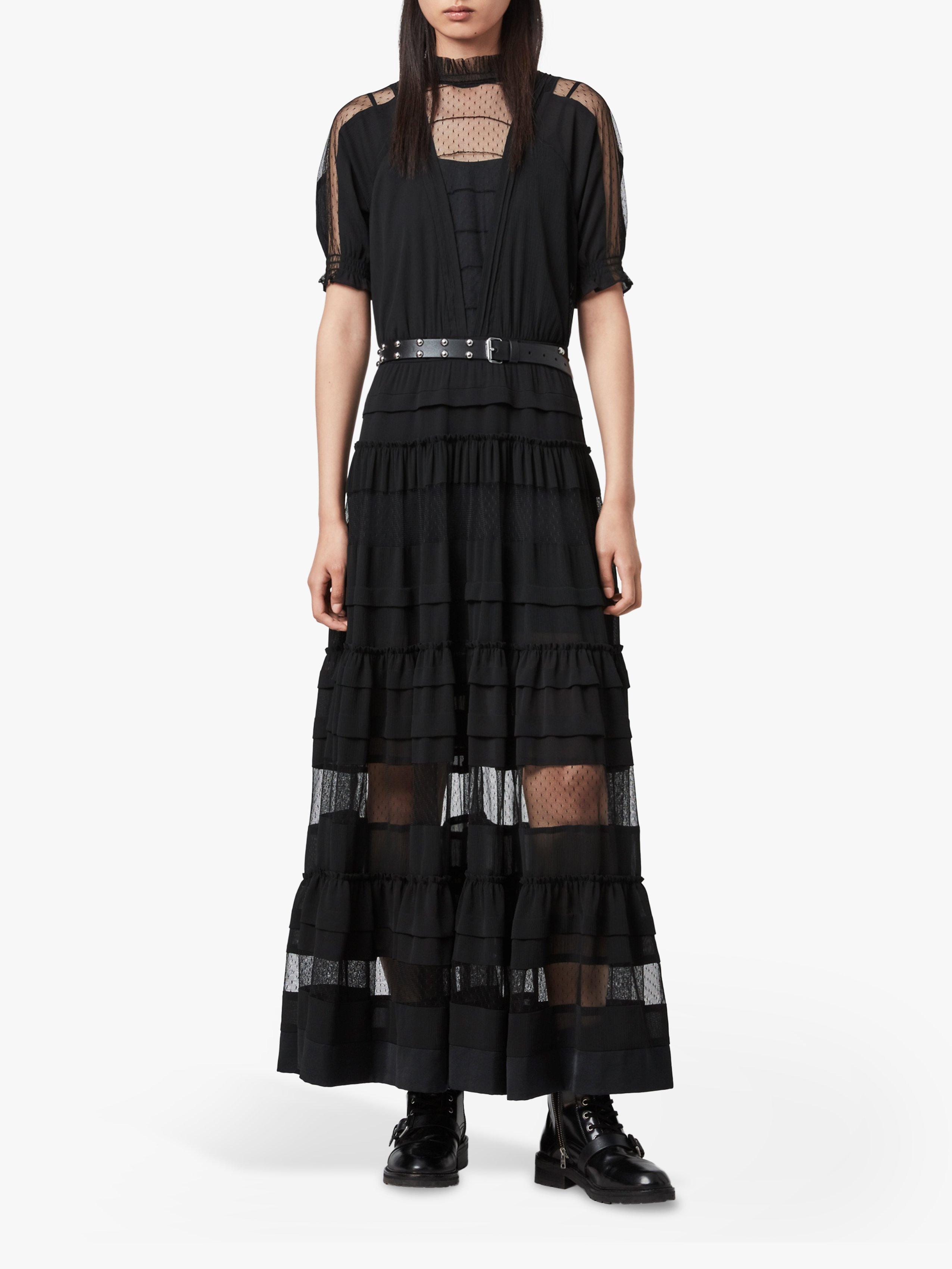 AllSaints Renia Polka Dot Mesh Tiered Maxi Dress, Black