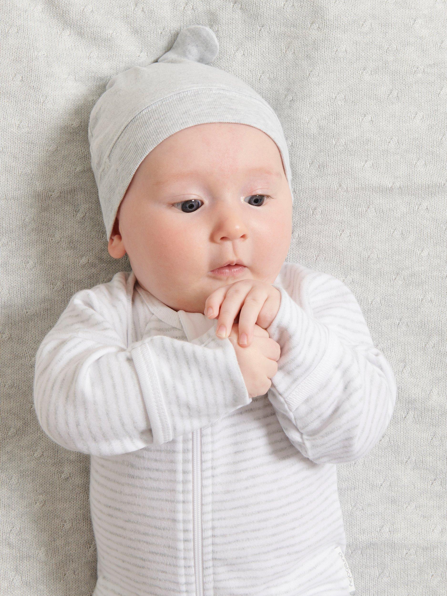 Product image 1 of 2, which shows Purebaby Knot Hat, Light Grey, 3 months