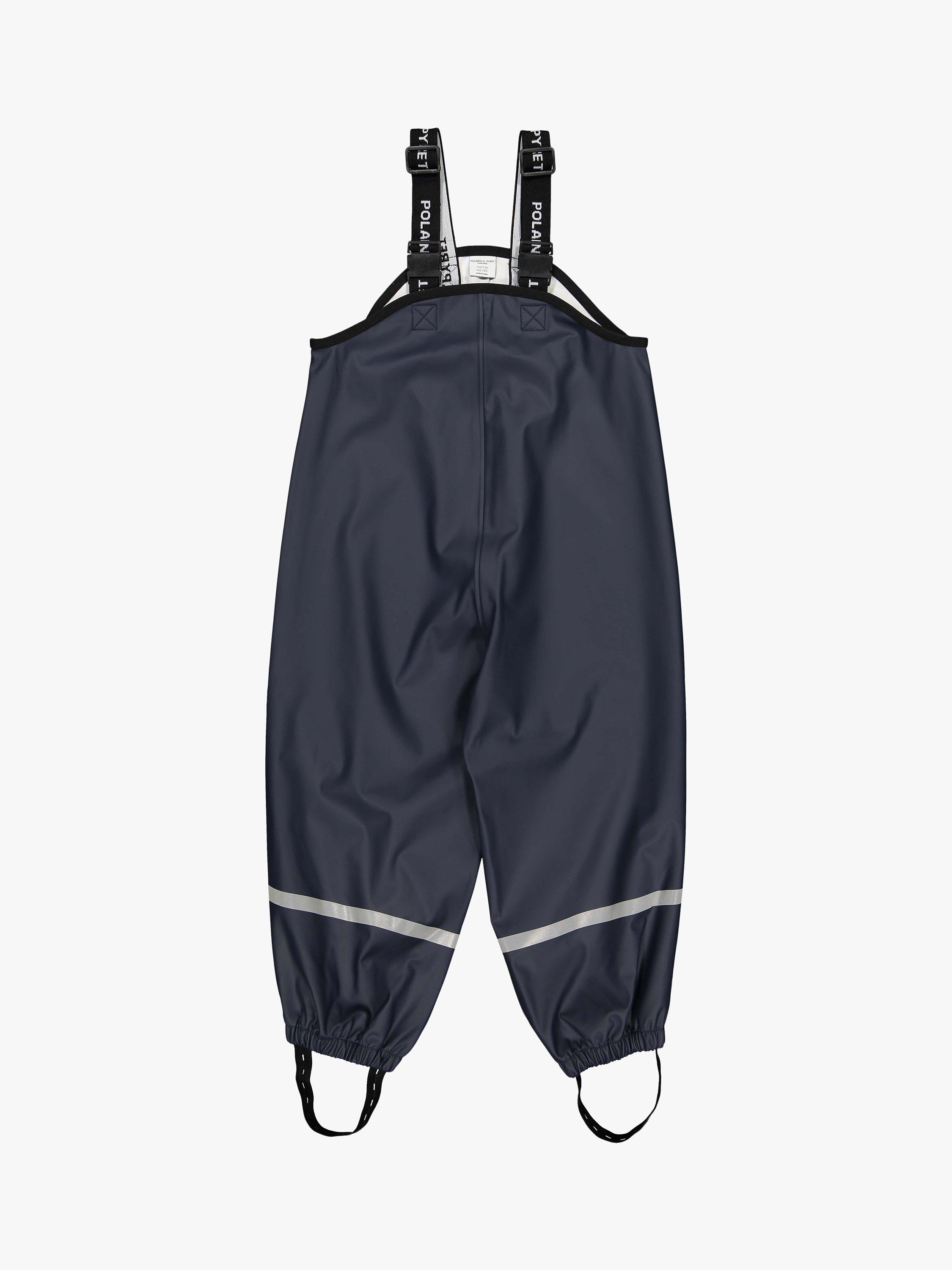 Product image 2 of 6, which shows Polarn O. Pyret Kids' Waterproof Rain Trousers, Dark Blue, 1-2 years