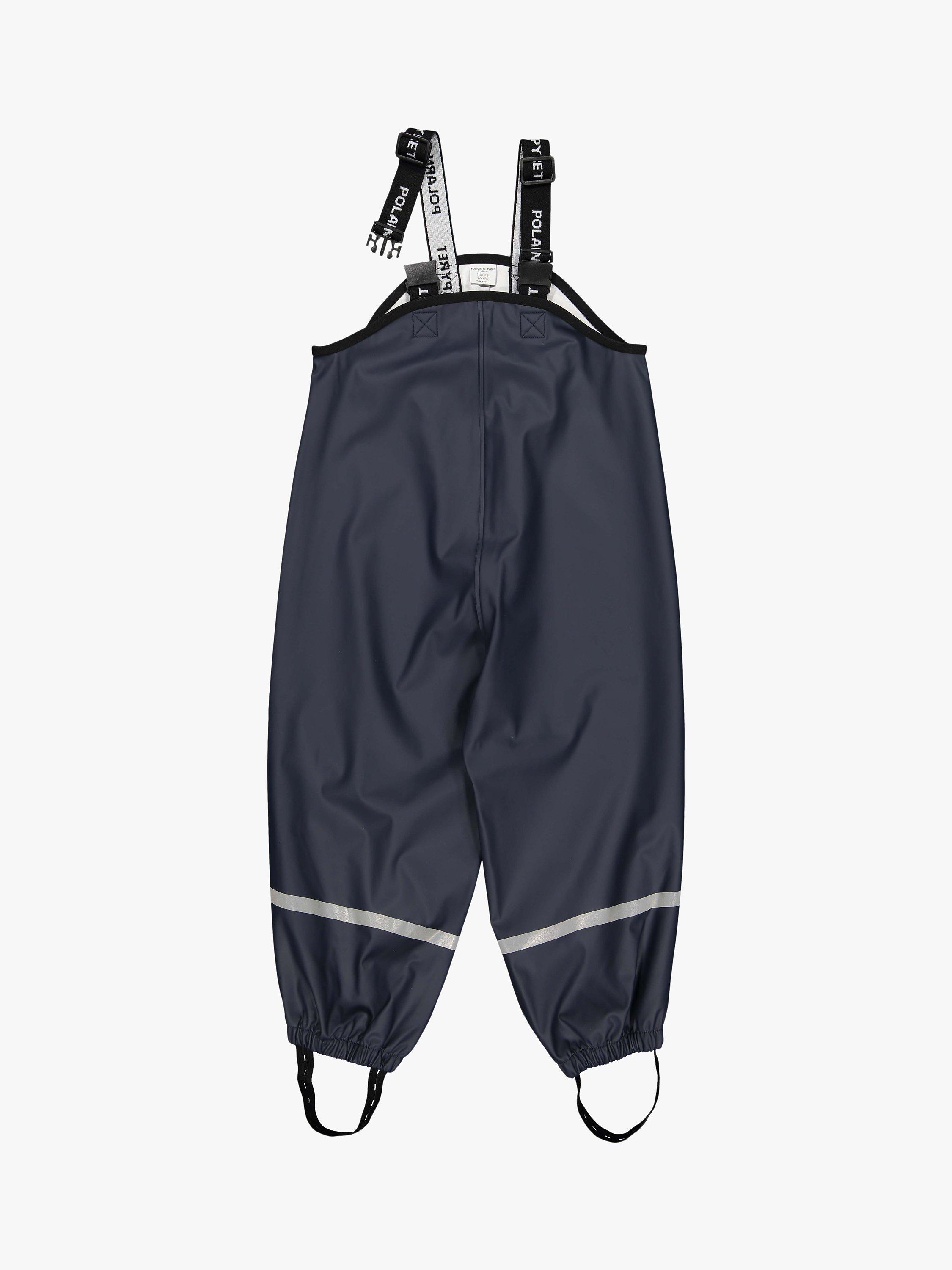 Product image 3 of 6, which shows Polarn O. Pyret Kids' Waterproof Rain Trousers, Dark Blue, 1-2 years