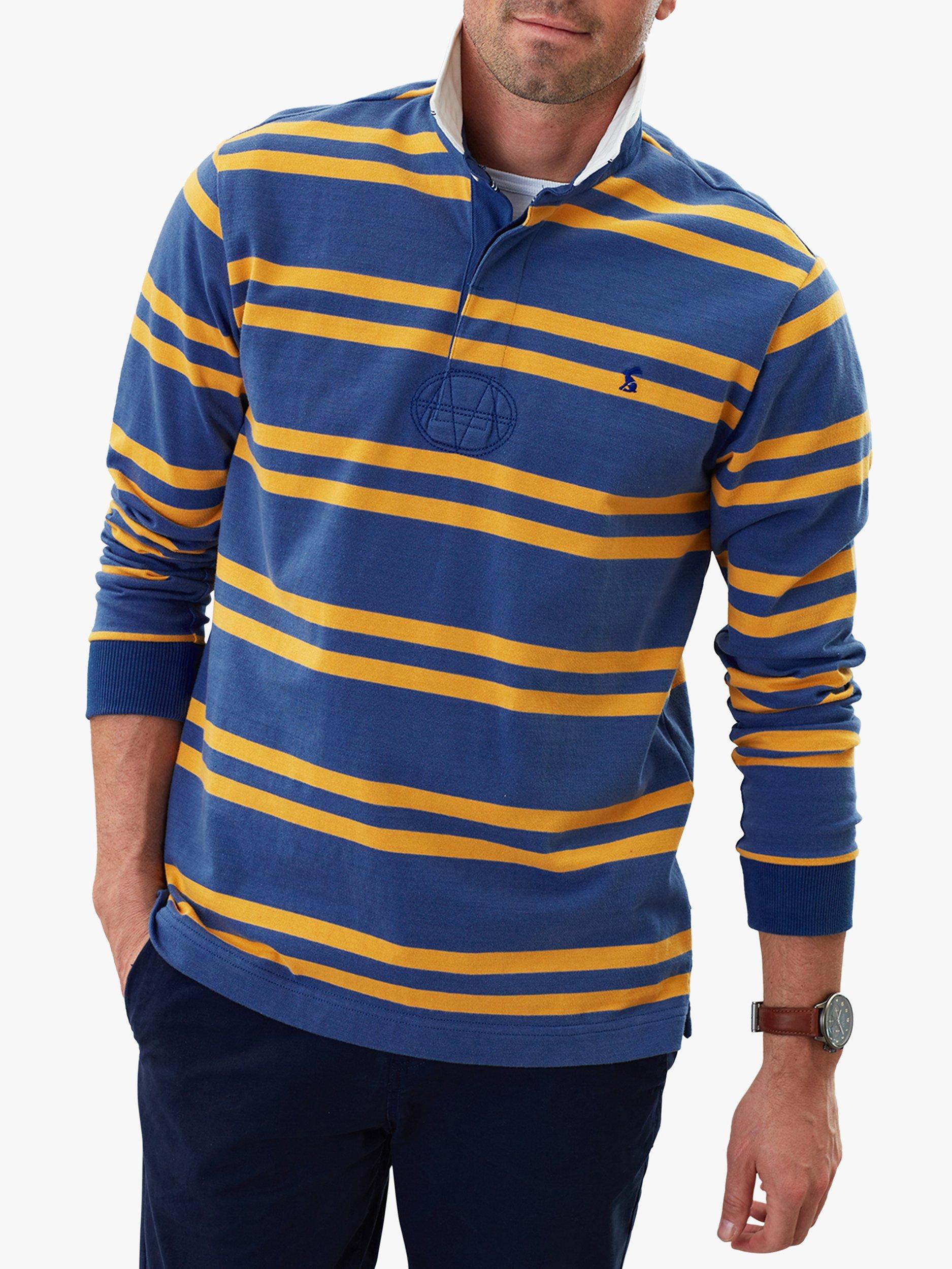 Joules Onside Long Sleeve Stripe Rugby Polo Shirt, Blue/Yellow