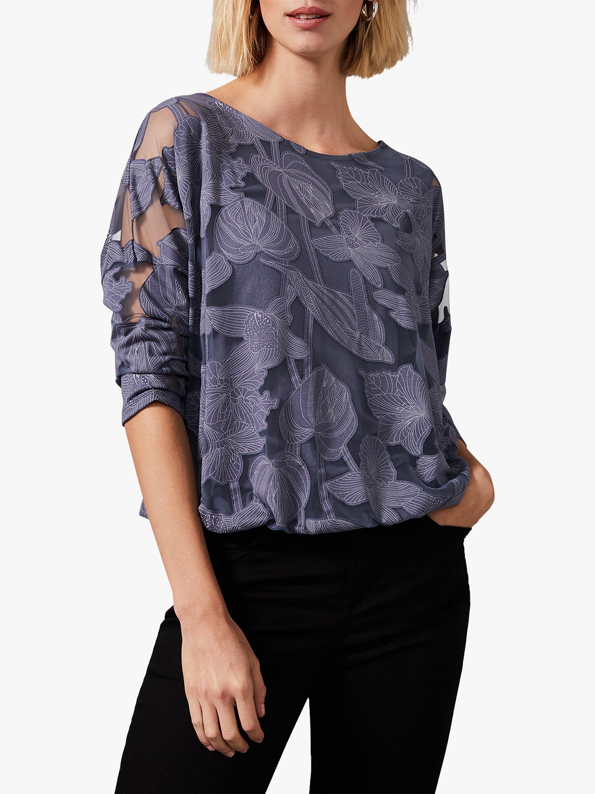 Phase Eight Reine Palm Bubble Hem Burnout Top, Charcoal