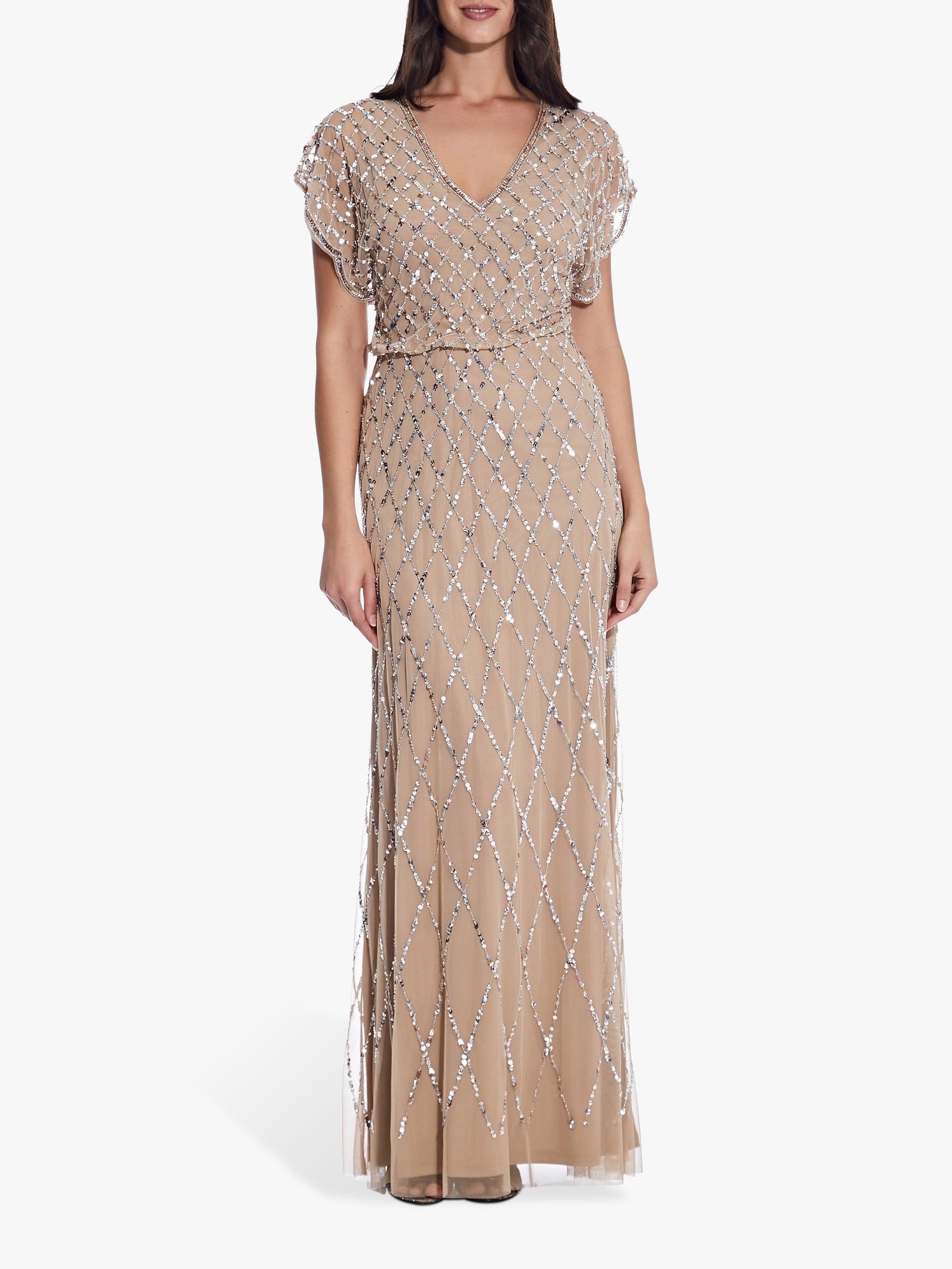 Adrianna Papell Blouson Beaded Maxi Dress Champagne Silver