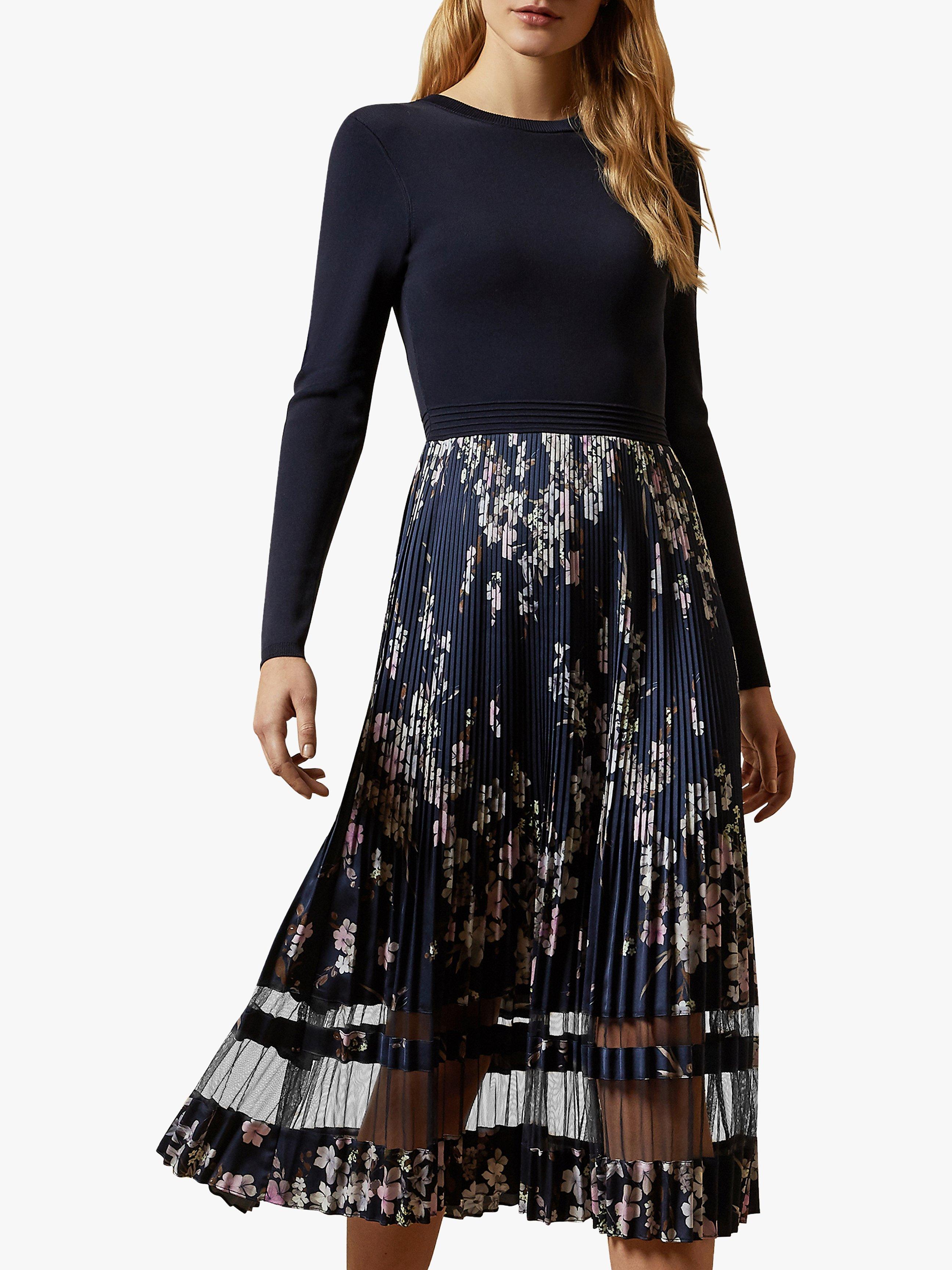 Ted Baker Cllover Dark Pergola Pleated Dress, Navy
