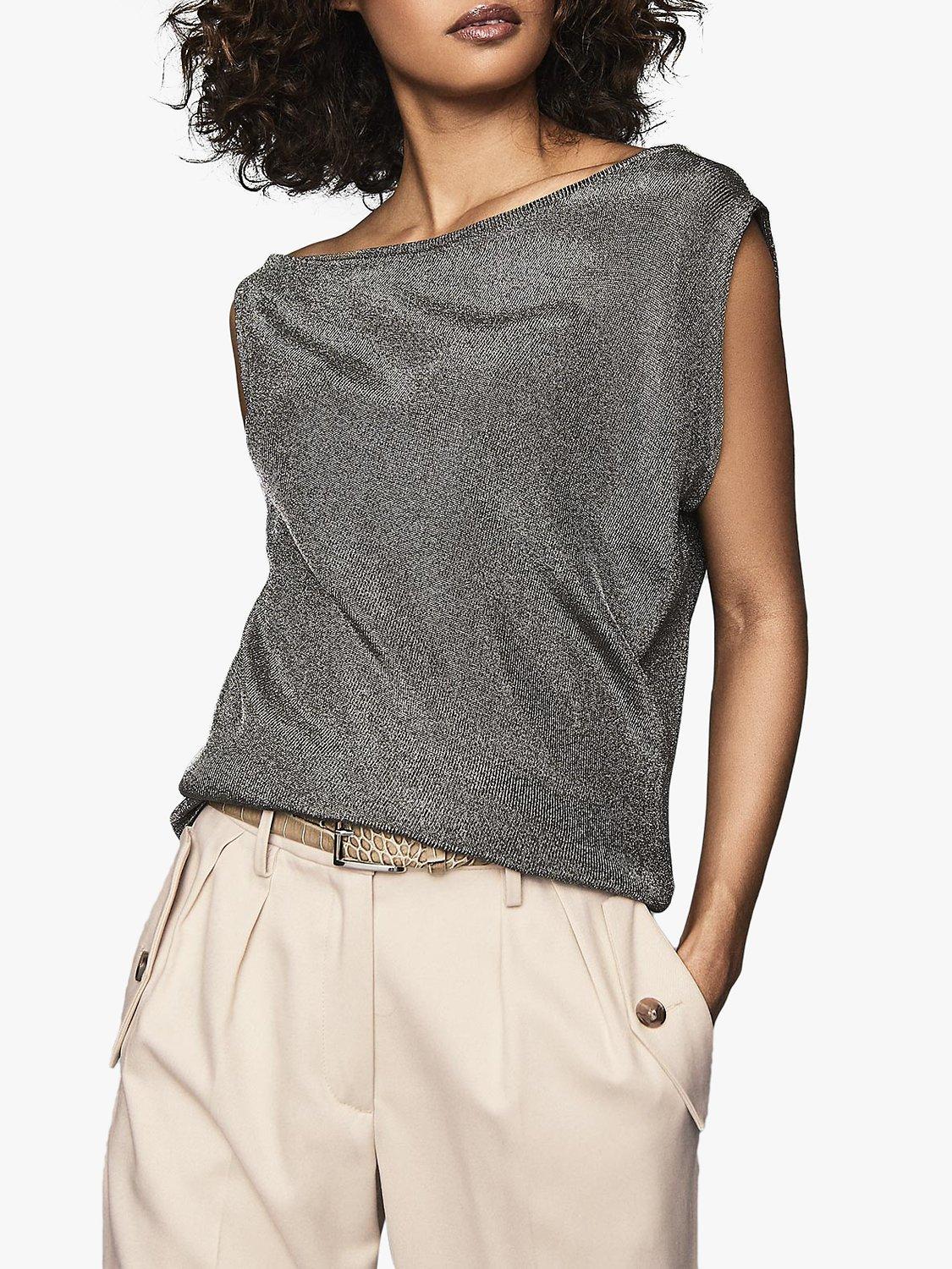 Reiss Brigette Metallic Draped Knitted Top, Charcoal
