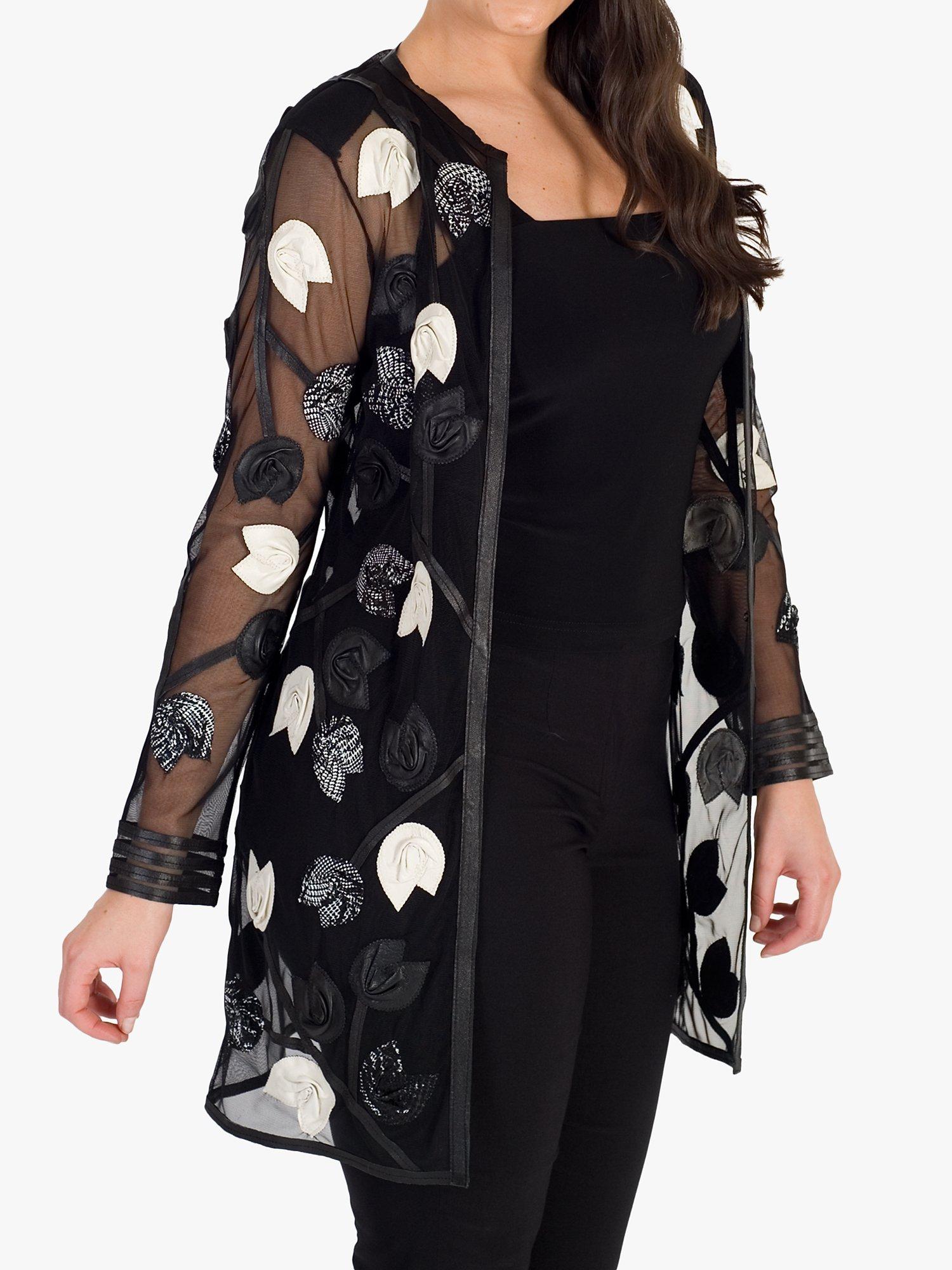 chesca Leather Applique Mesh Coat, Black/Ivory