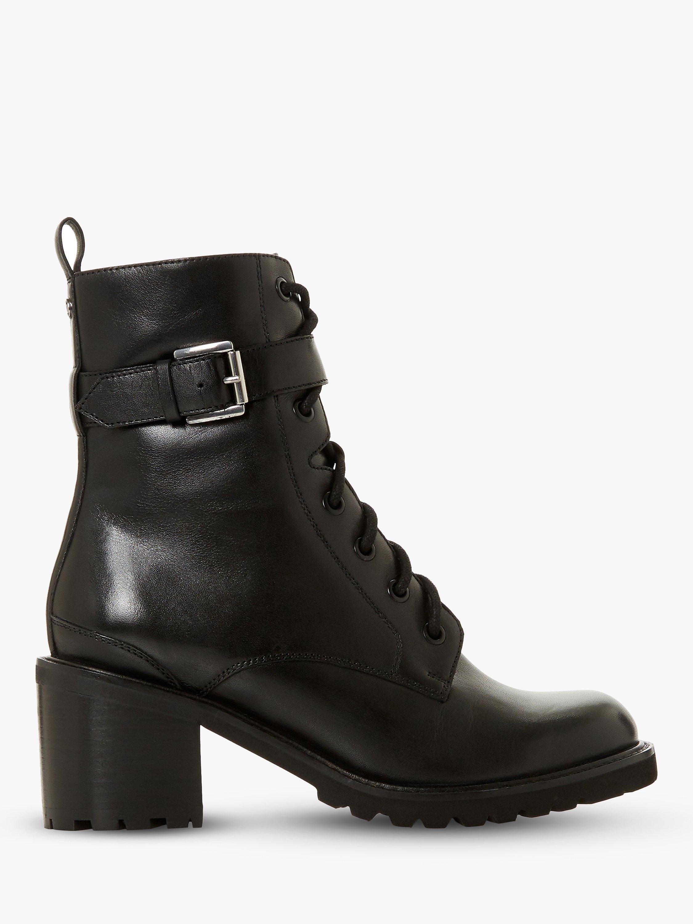Dune Platon Leather Buckle Detail Block Heel Ankle Boots, Black