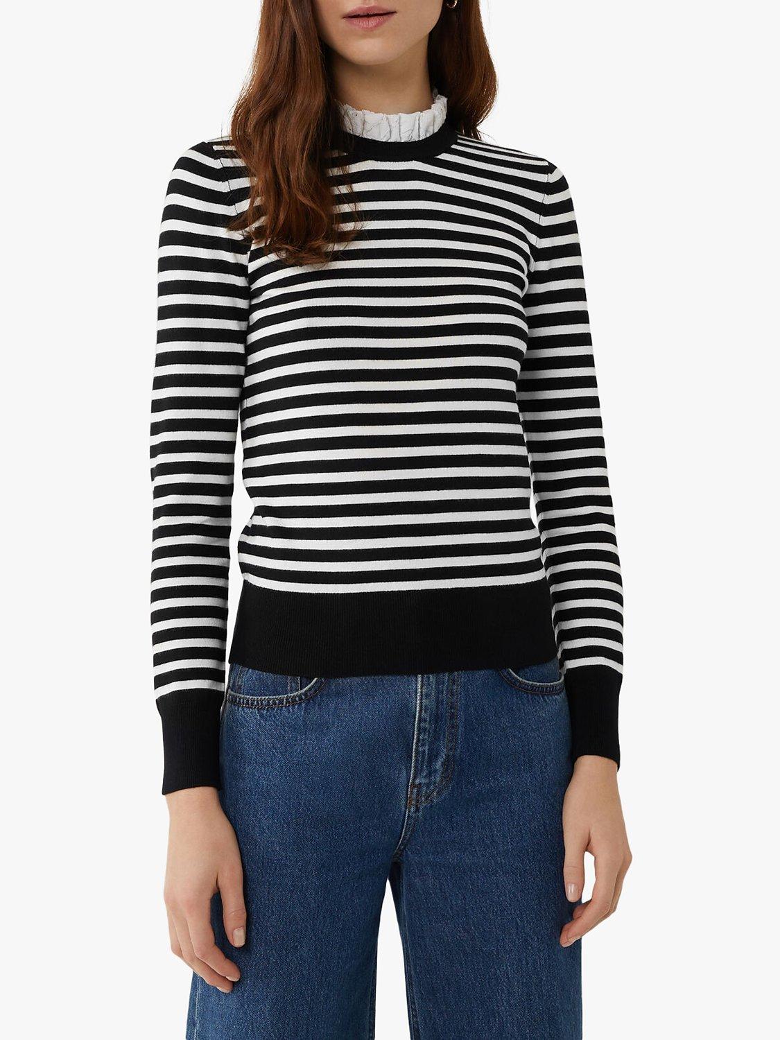 Warehouse Stripe Lace Ruffle Neck Jumper, Black
