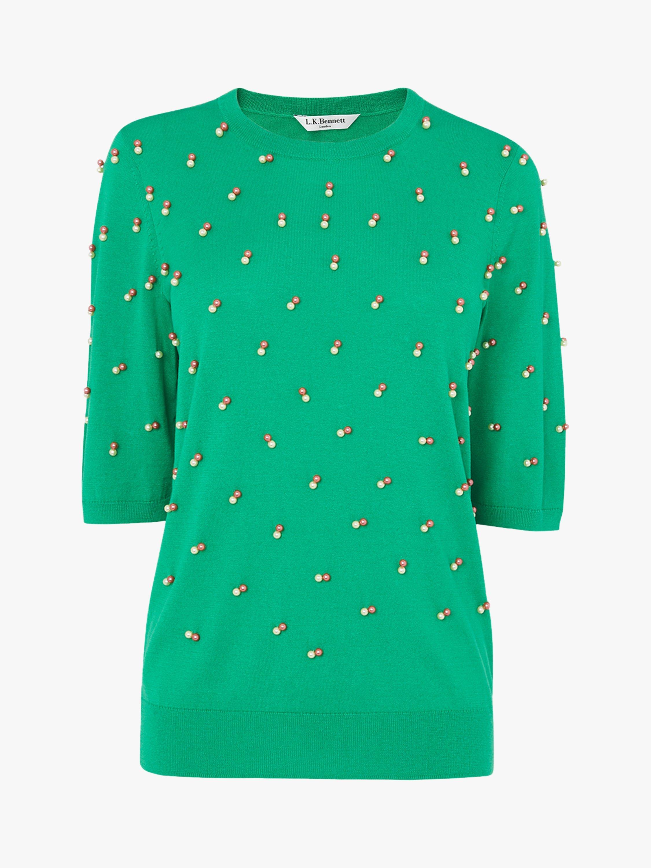 L.K.Bennett Sarah Pearl Beaded Knitted Top, Bright Green