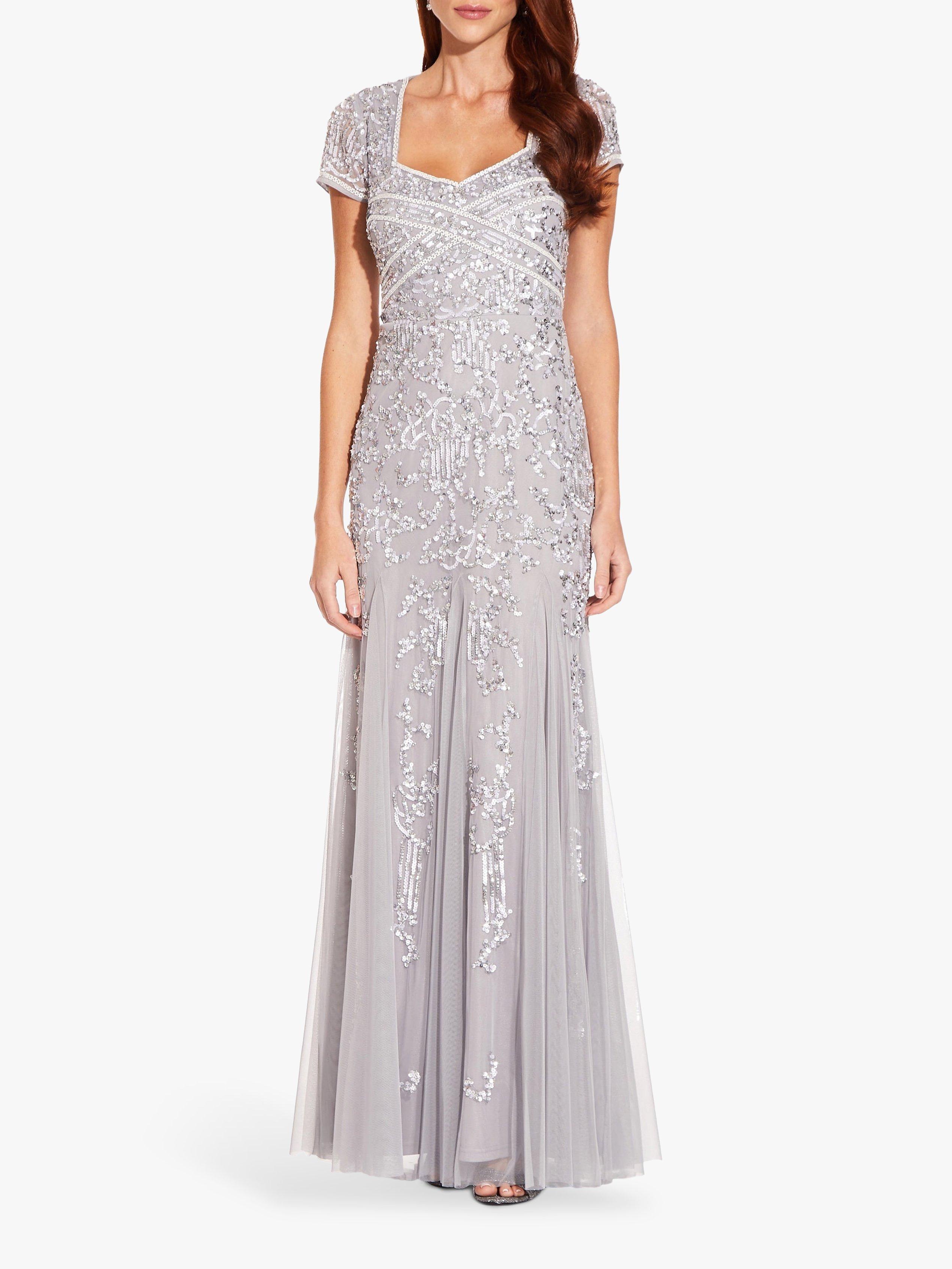 Adrianna Papell Beaded Godet Dress Silver Mist