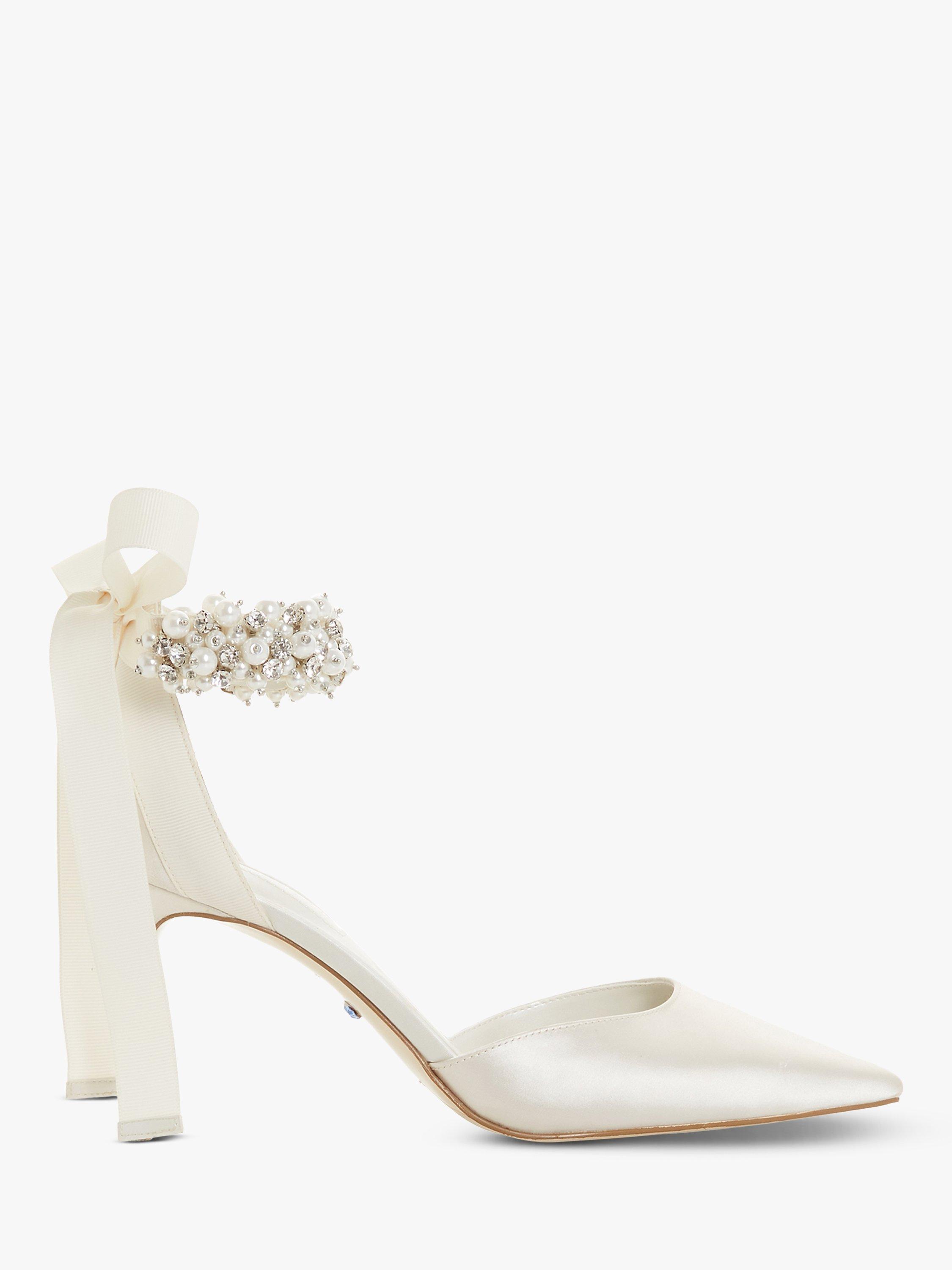 Product image 1 of 5, which shows Dune London Bridal Collection Clarette  Embellished Ankle Strap Court Shoes, Ivory, 3