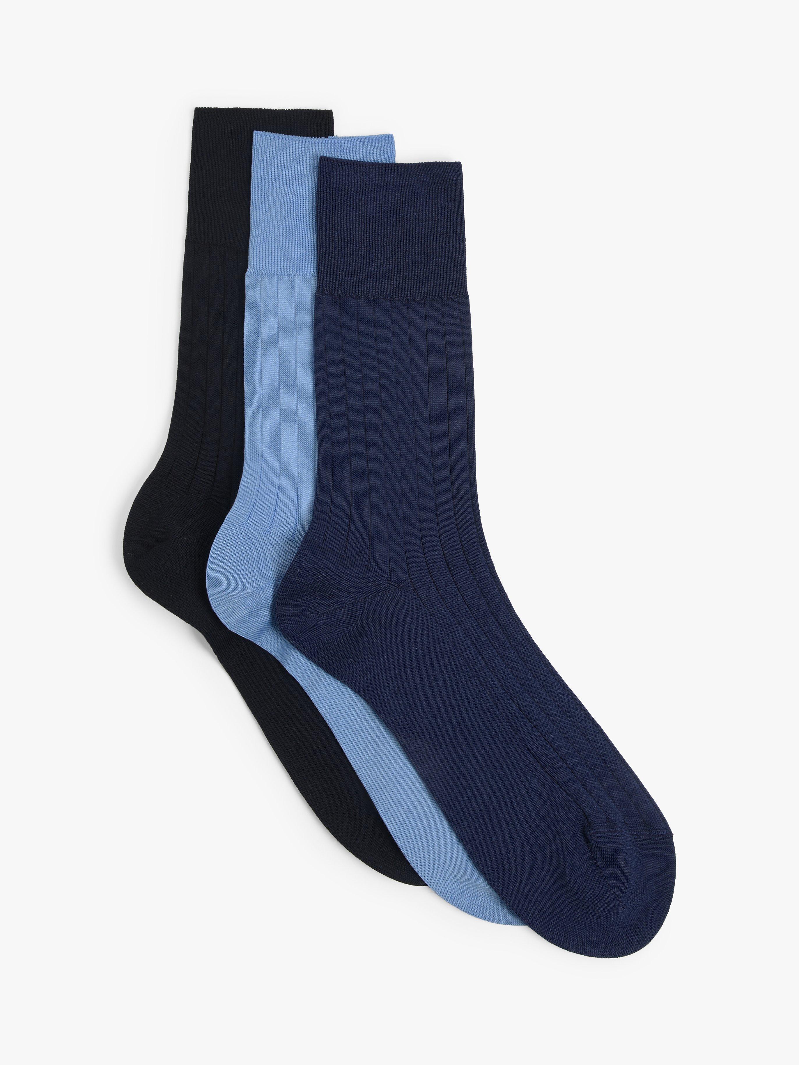 Product image 1 of 2, which shows John Lewis Made in Italy Mercerised Cotton Socks, Pack of 3, Blues, S