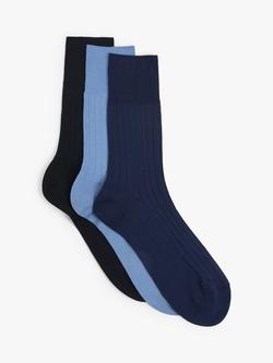 John Lewis Made in Italy Mercerised Cotton Socks, Pack of 3, Blues, Blues