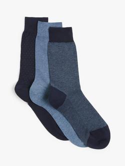 John Lewis Made in Italy Cotton Patterned Socks, Pack of 3, Blue/Navy, Blue/Navy