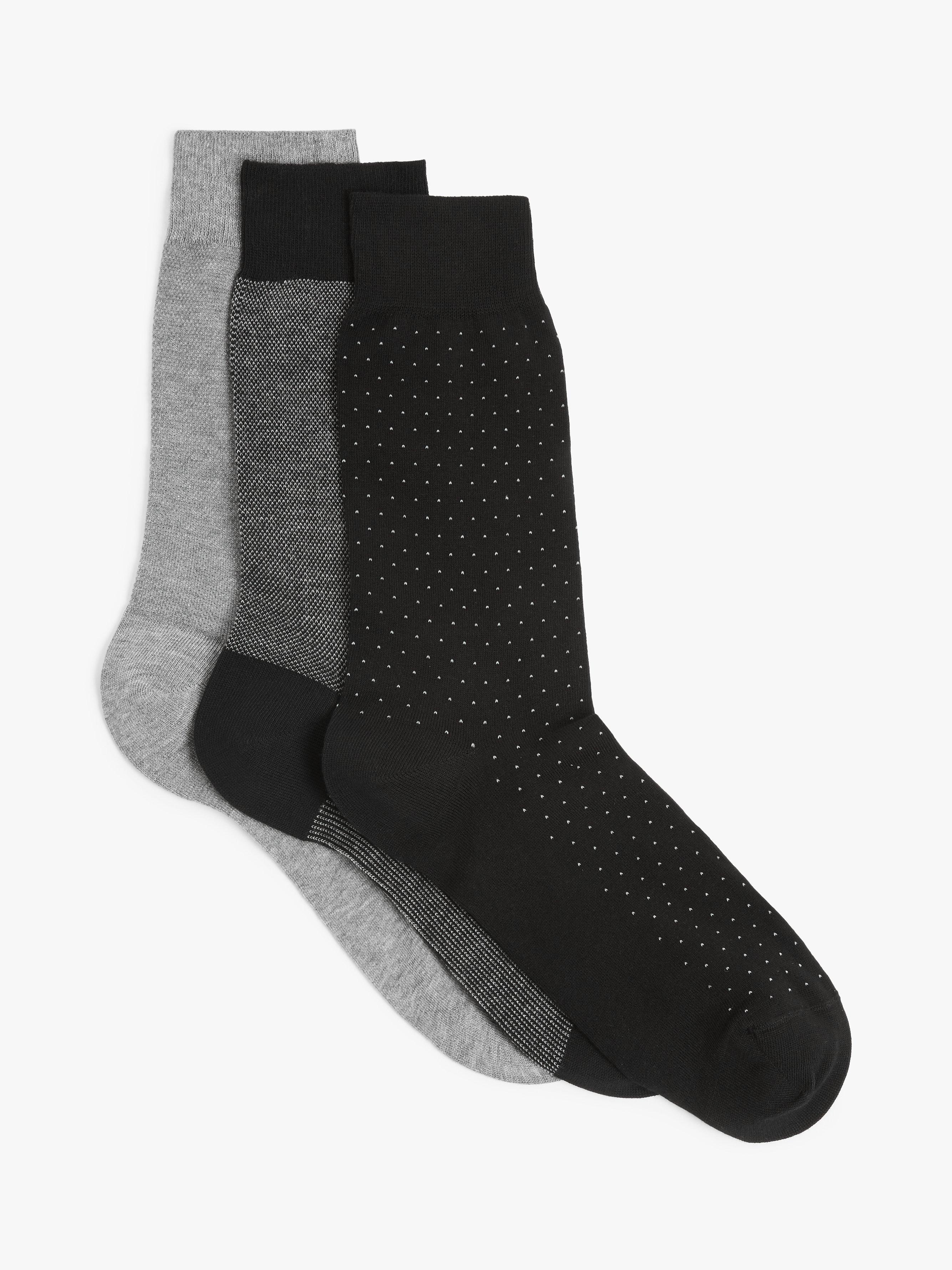 Product image 1 of 2, which shows John Lewis Made in Italy Cotton Patterned Socks, Pack of 3, Black/Grey, S
