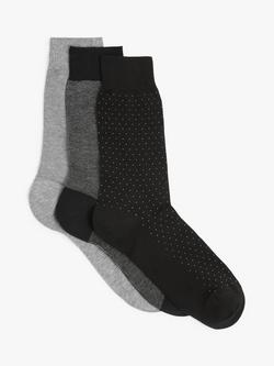 John Lewis Made in Italy Cotton Patterned Socks, Pack of 3, Black/Grey, Black/Grey