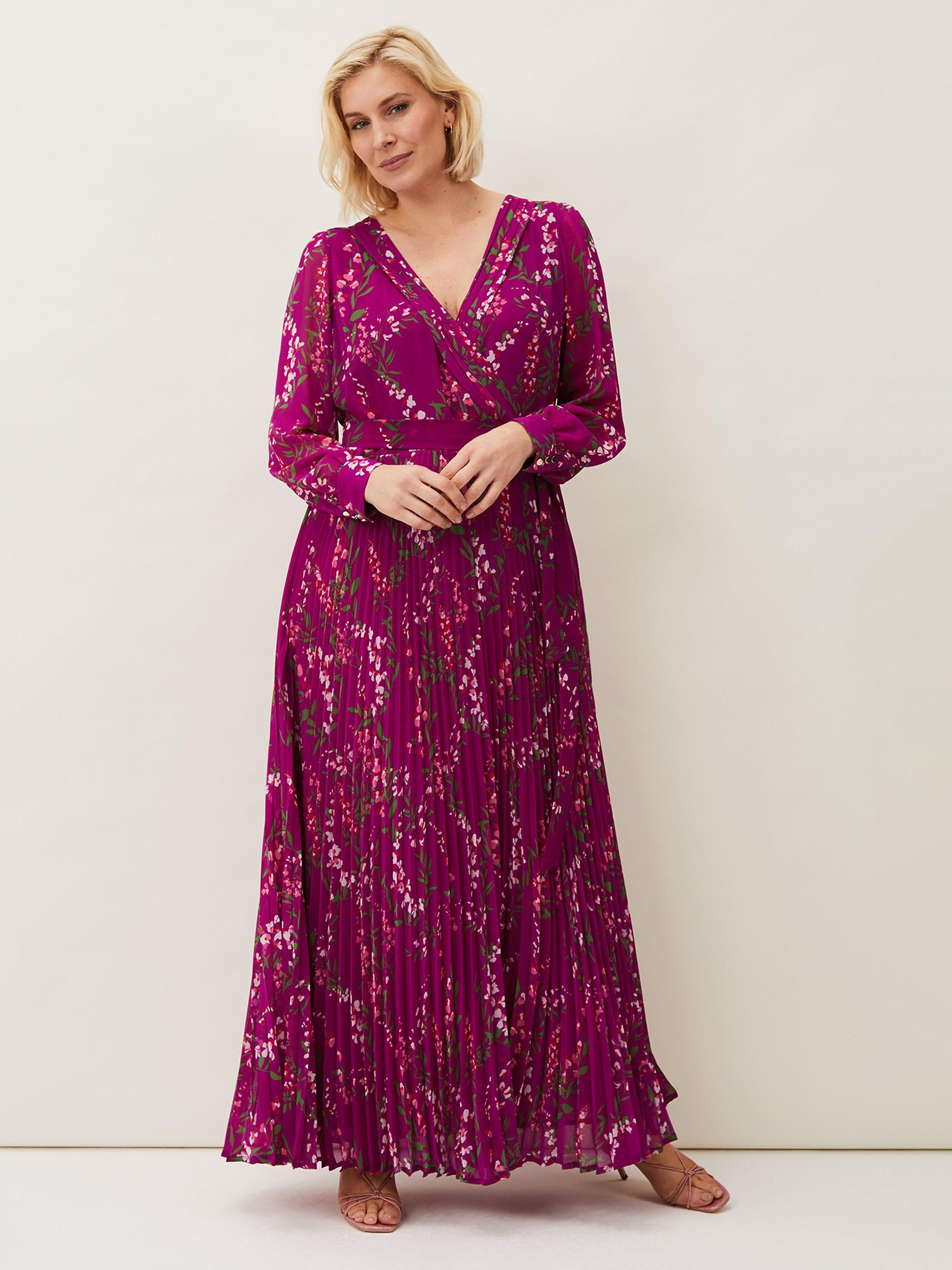 Phase Eight Carmen Pleated Floral Dress, Bright Plum