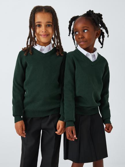 John Lewis Unisex Cotton V-Neck School Jumper, Bottle Green