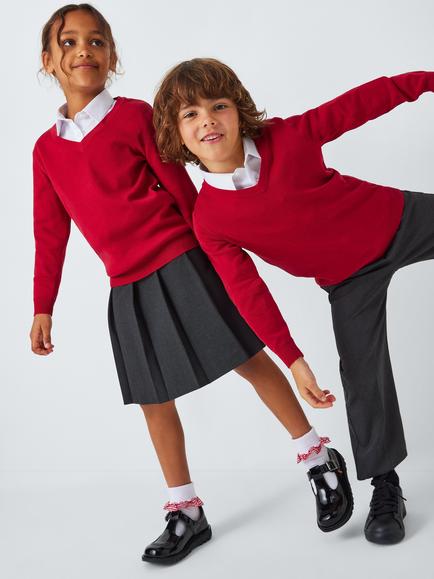 John Lewis Unisex Cotton V-Neck School Jumper, Red