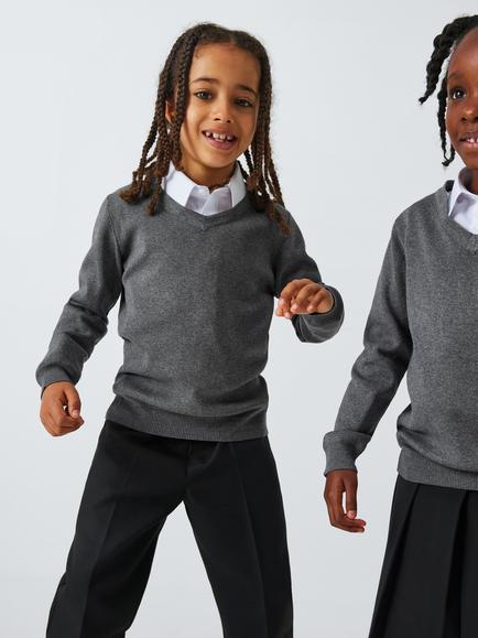 John Lewis Unisex Cotton V-Neck School Jumper, Grey
