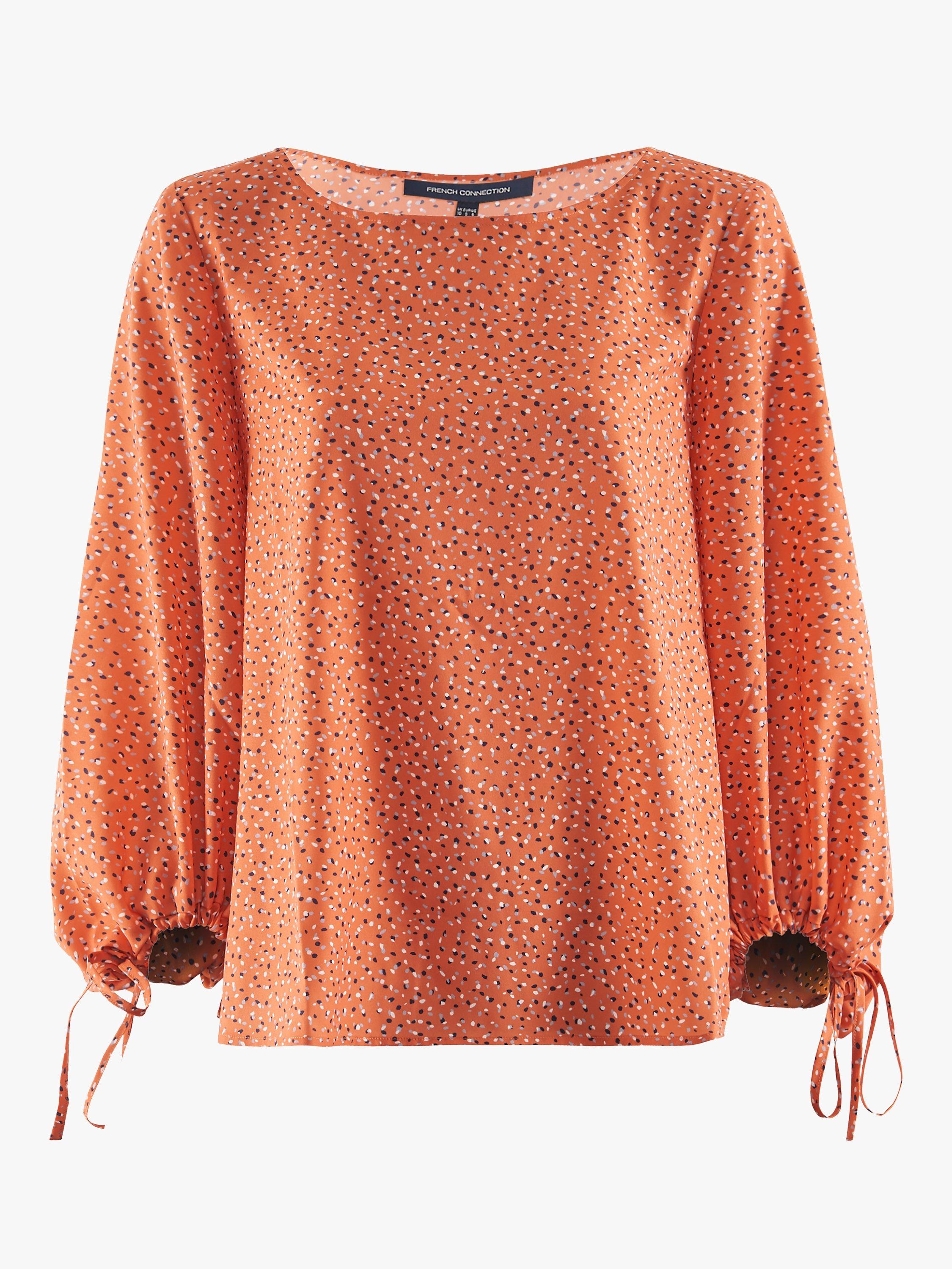 French Connection Chinwe Light Gathered Sleeve Top, Jaffa Orange/Multi