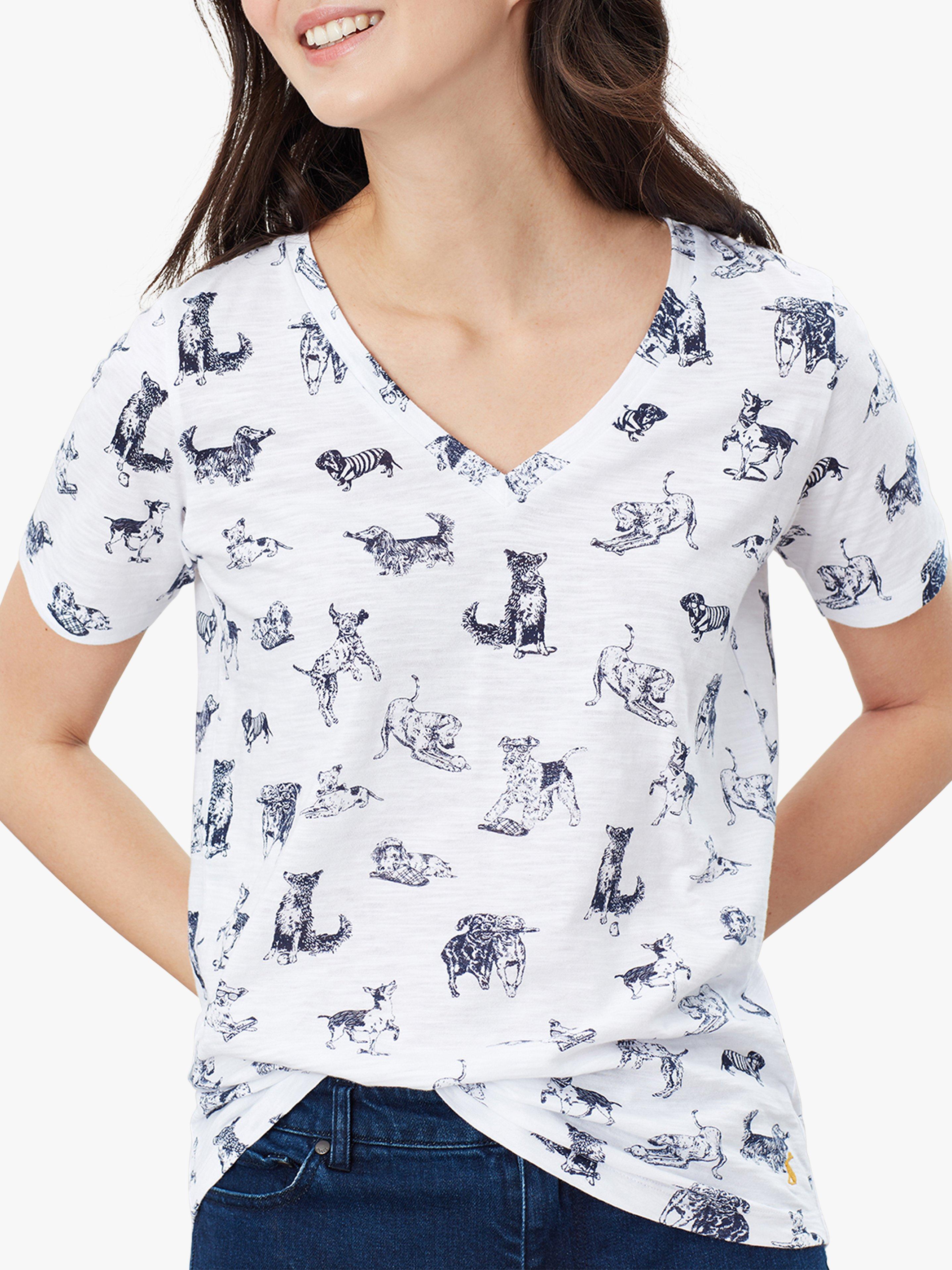 Joules Celina Print Drapey V-Neck Top, White Dogs