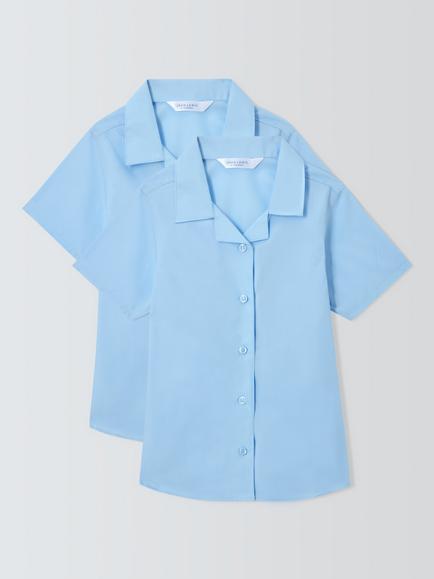 John Lewis Girls' Open Neck Short Sleeve School Blouse, Pack of 2, Blue