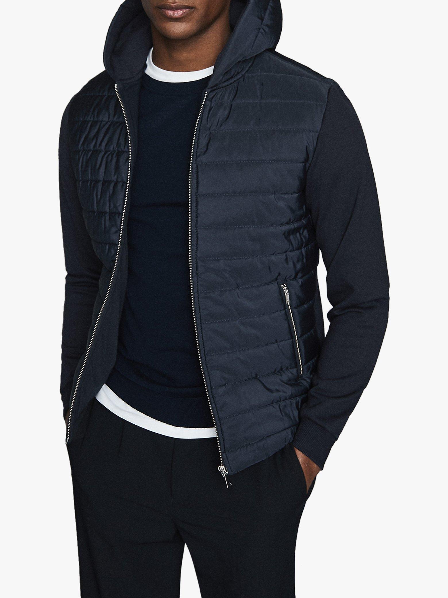 Reiss Basing Hybrid Quilted Full Zip Hoodie, Navy