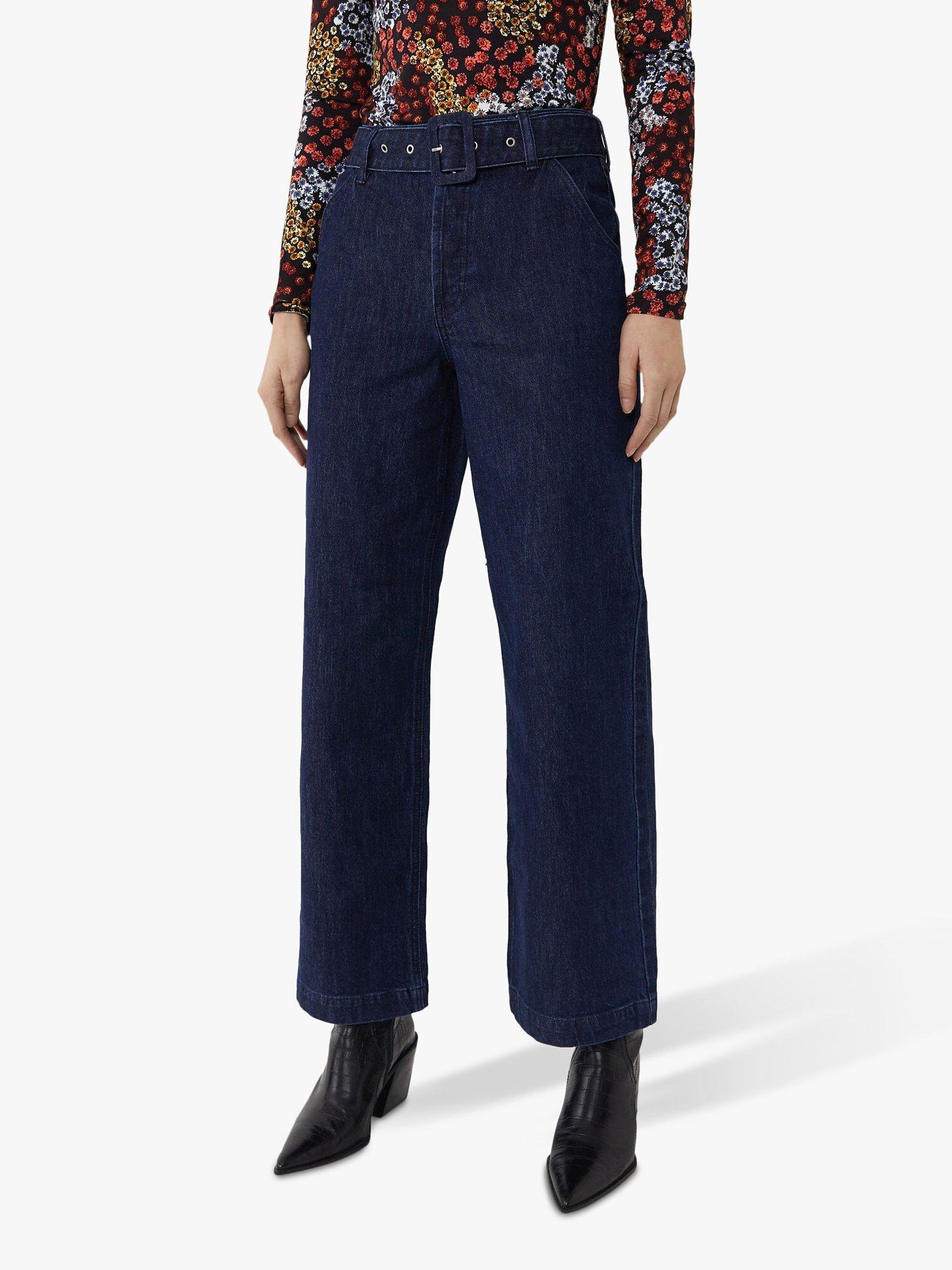 Warehouse Belted Wide Leg Jeans, Dark Wash Denim