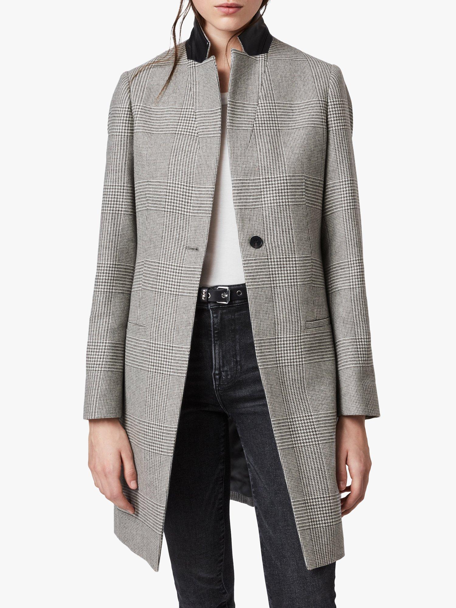 AllSaints Leni Check Coat Light Grey Ecru