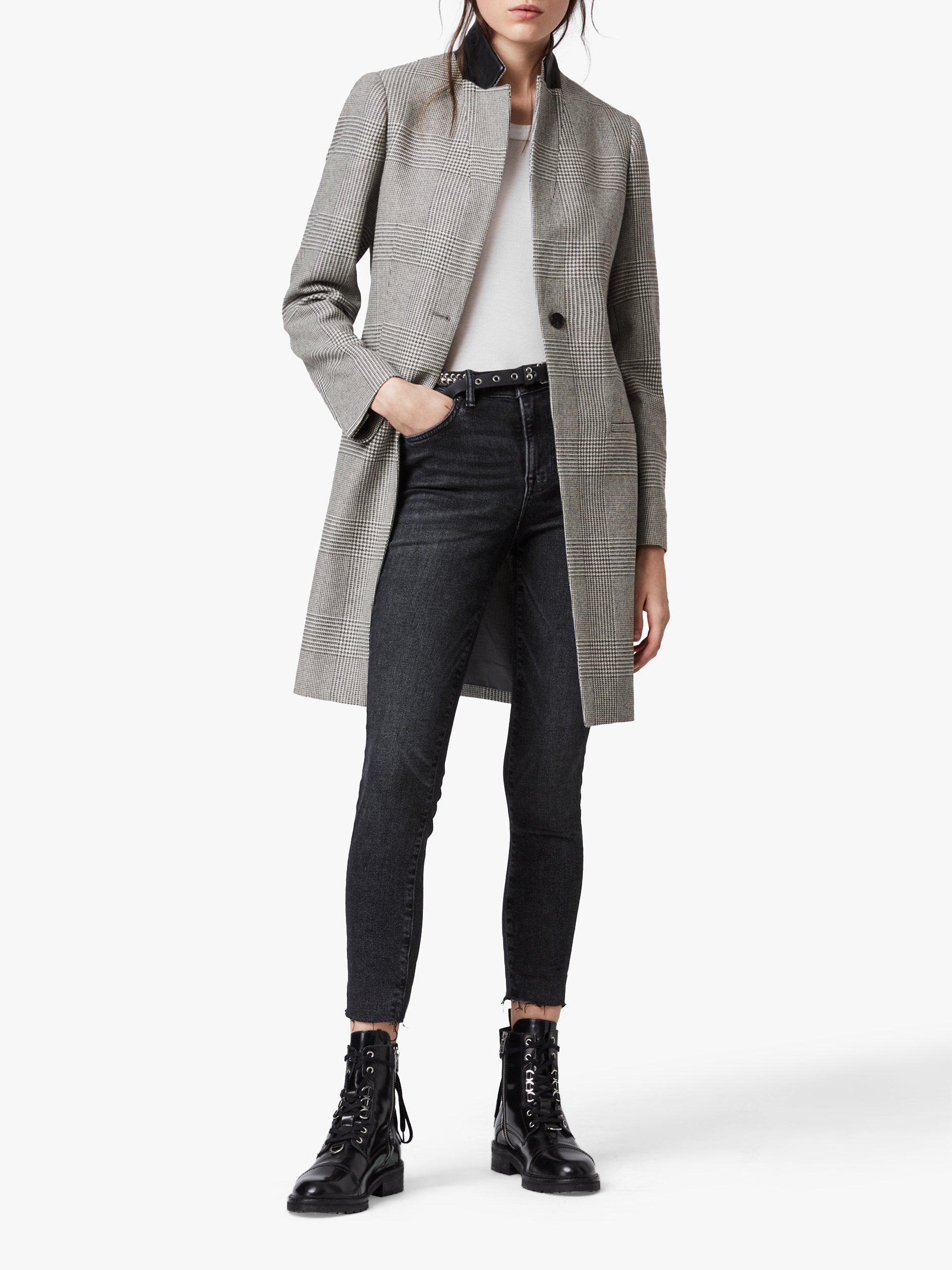 AllSaints Leni Check Coat Light Grey Ecru