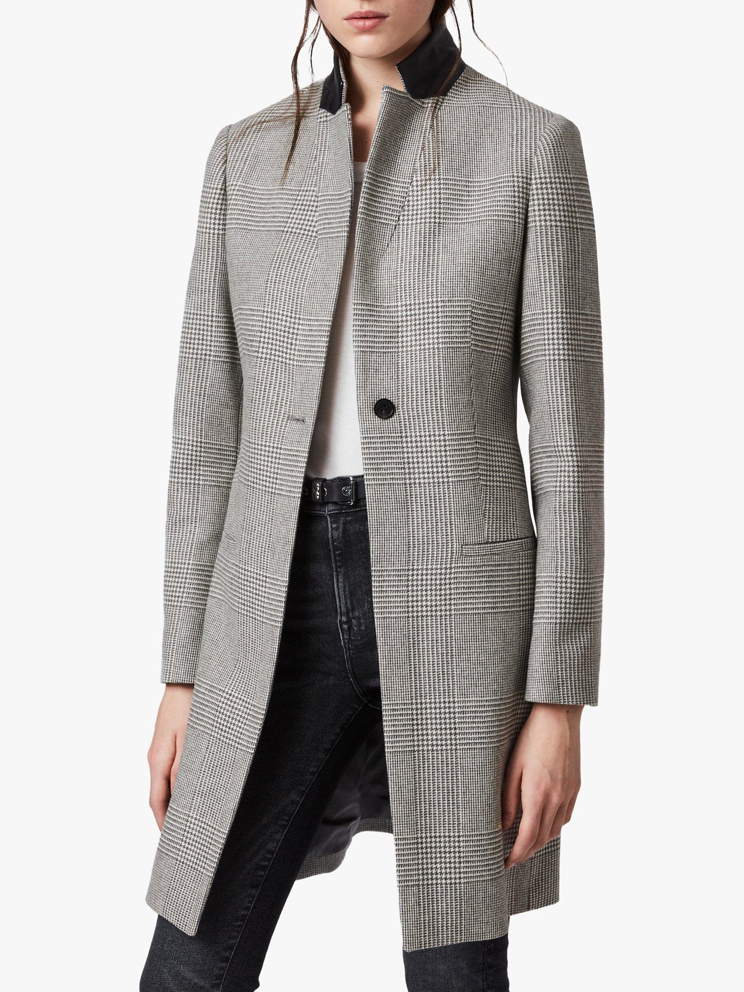 AllSaints Leni Check Coat Light Grey Ecru