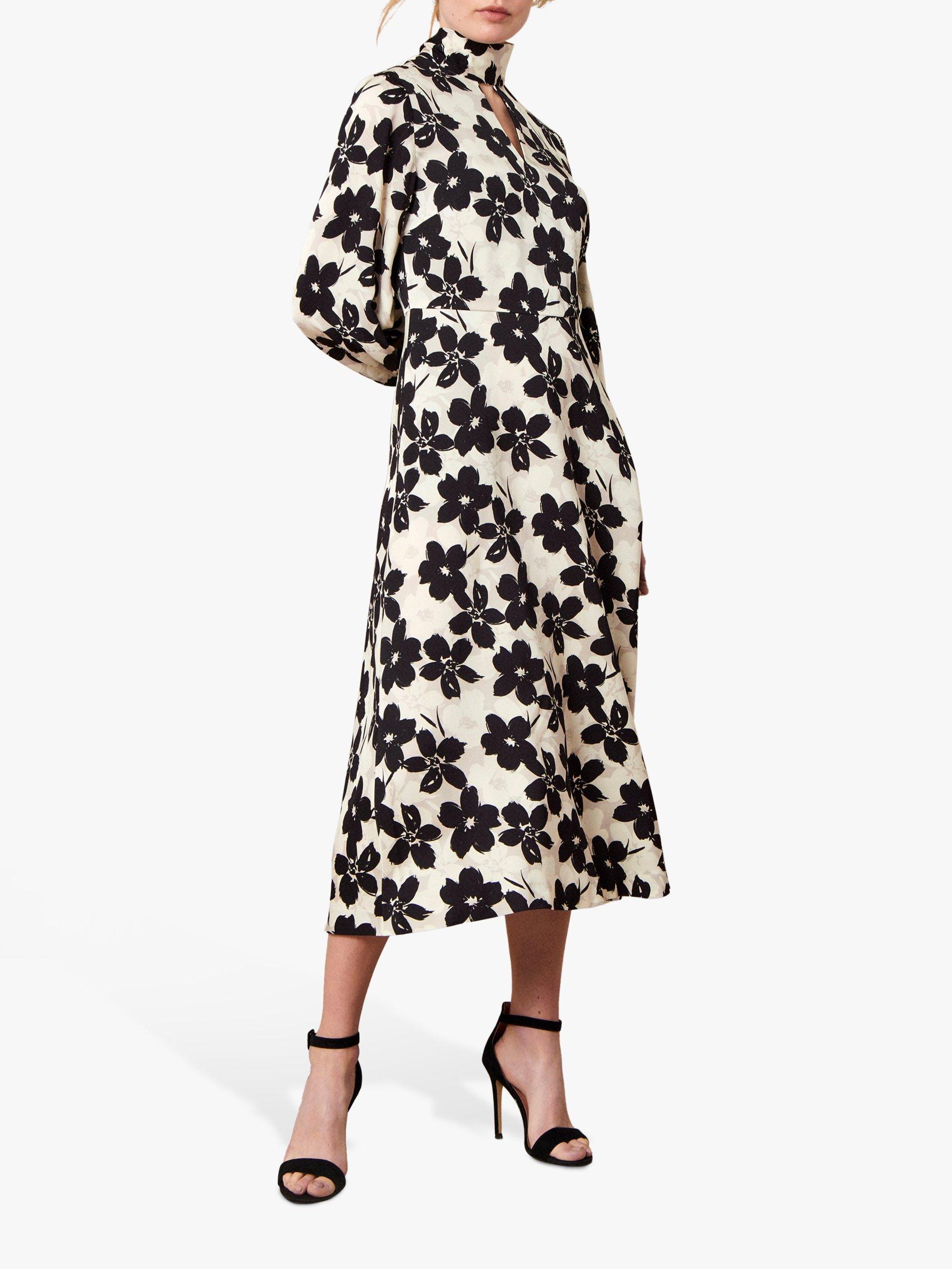 Jaeger Painterly Floral Print Dress, Black/White
