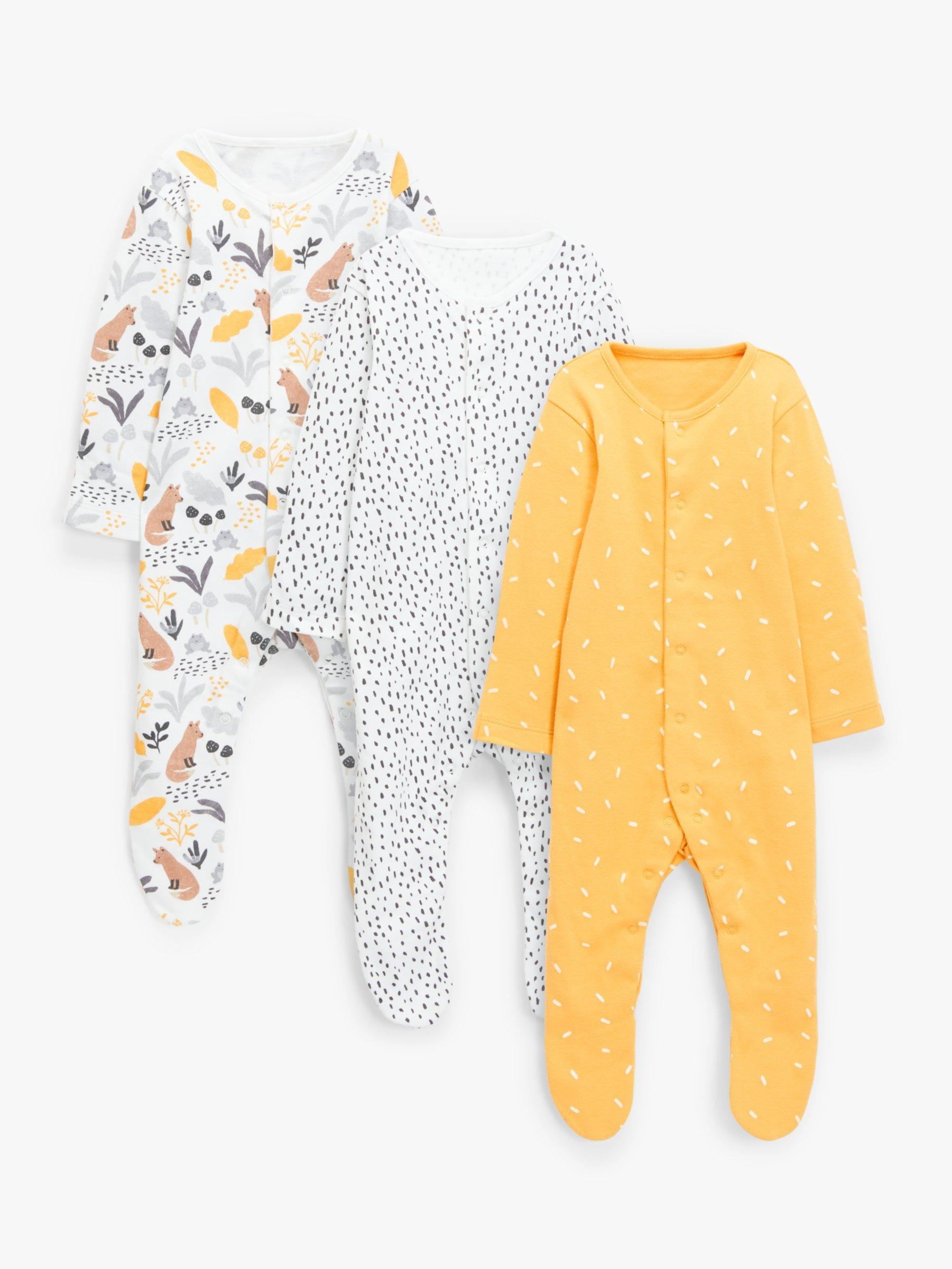 ANYDAY John Lewis & Partners Baby GOTS Organic Cotton Woodland Sleepsuit, Pack of 3, Multi