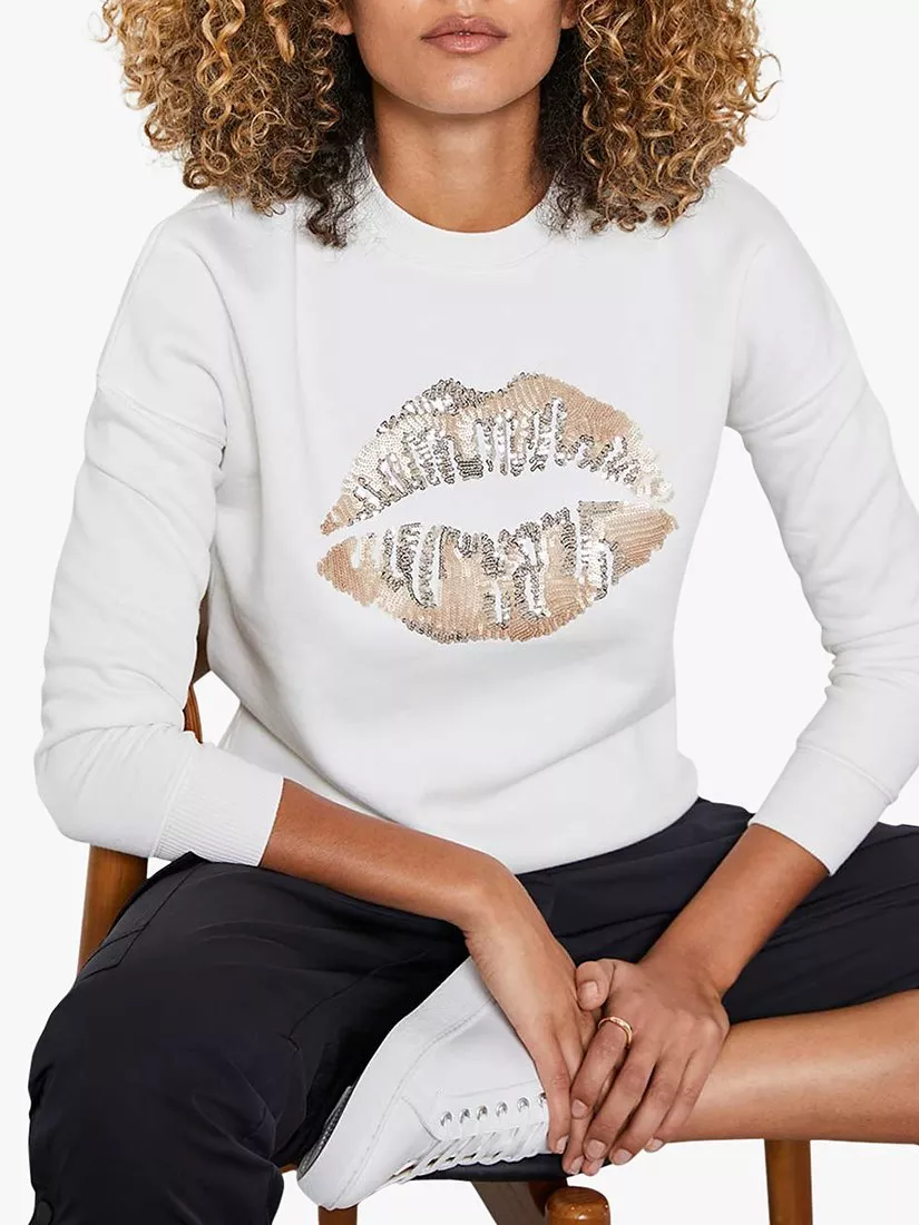 Mint Velvet Sequin Lips Sweatshirt Naural Cream