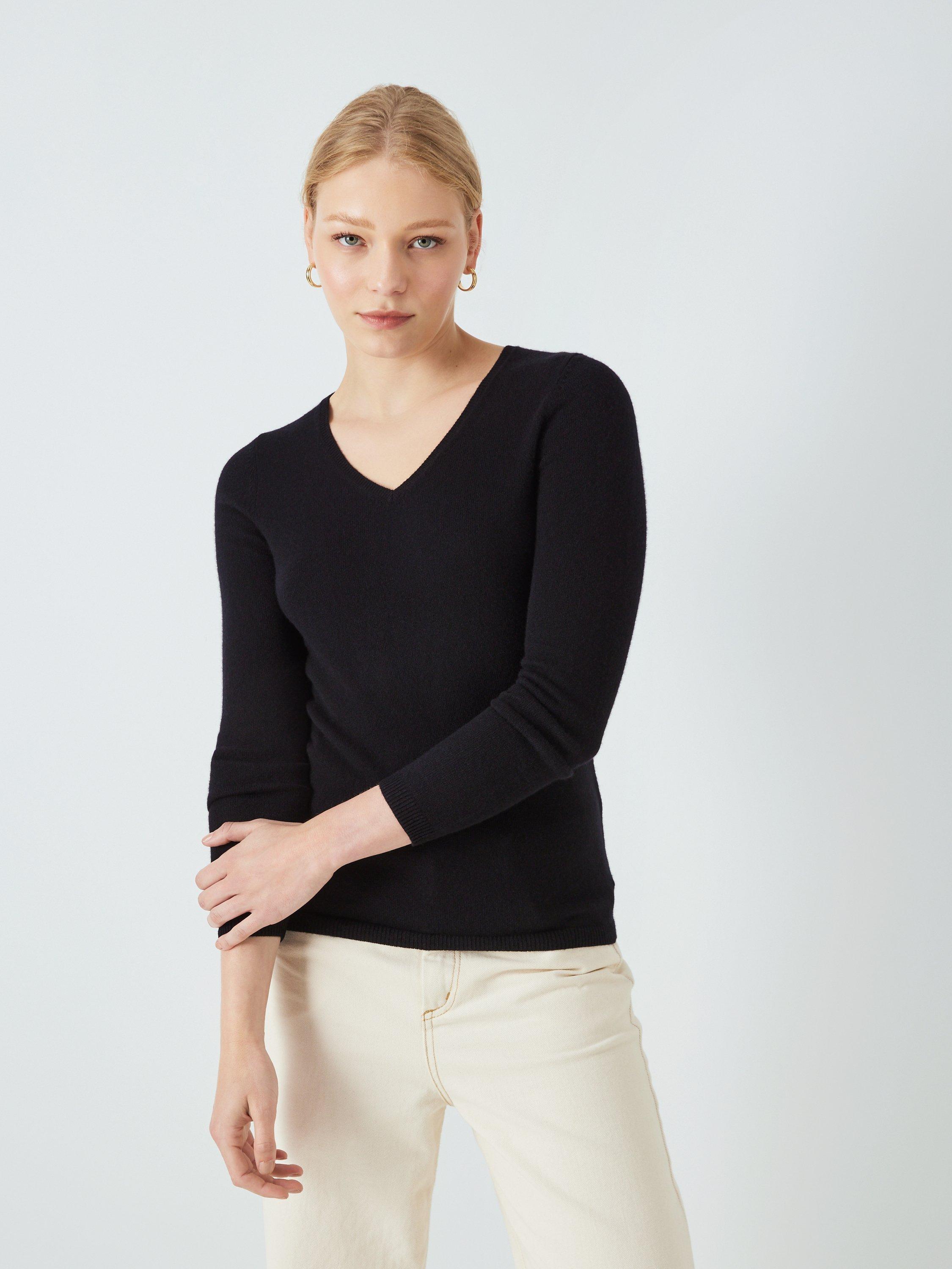 John Lewis Cashmere Rib Trim V-Neck Jumper, Black