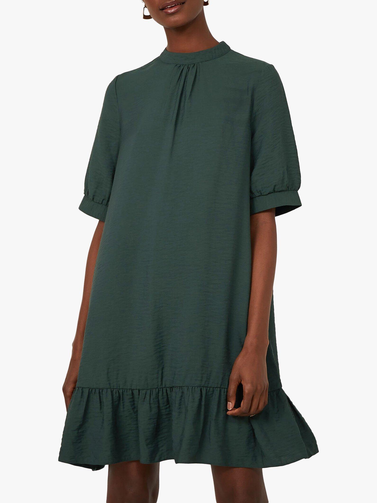 Warehouse Puff Sleeve Frill Dress, Dark Green