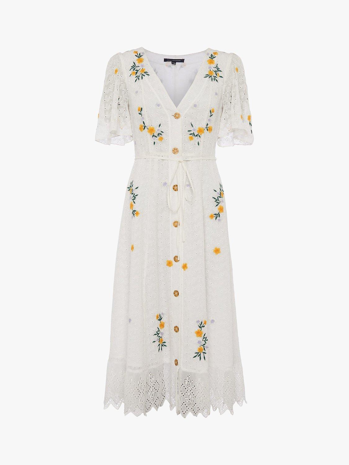 French Connection Eka Floral Embroidery Button Midi Dress, Summer White