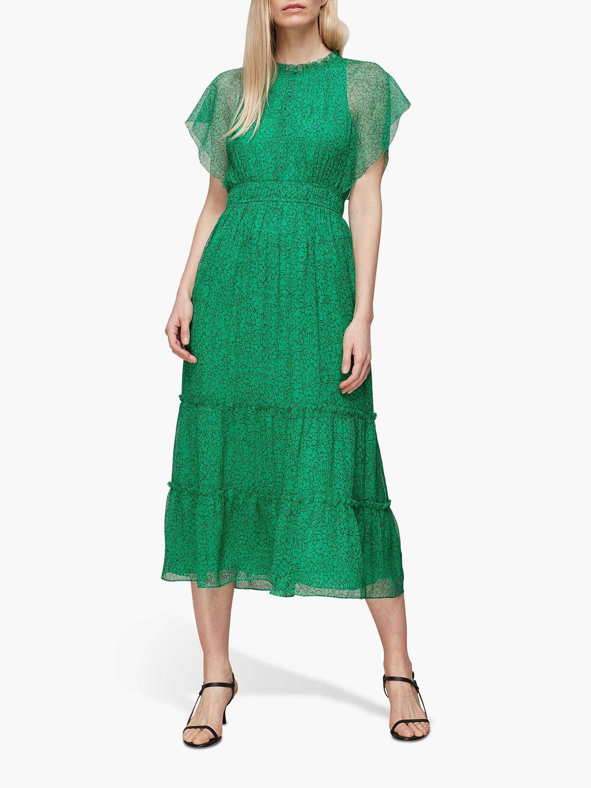 Whistles Sketched Floral Frill Midi Dress, Green/Multi