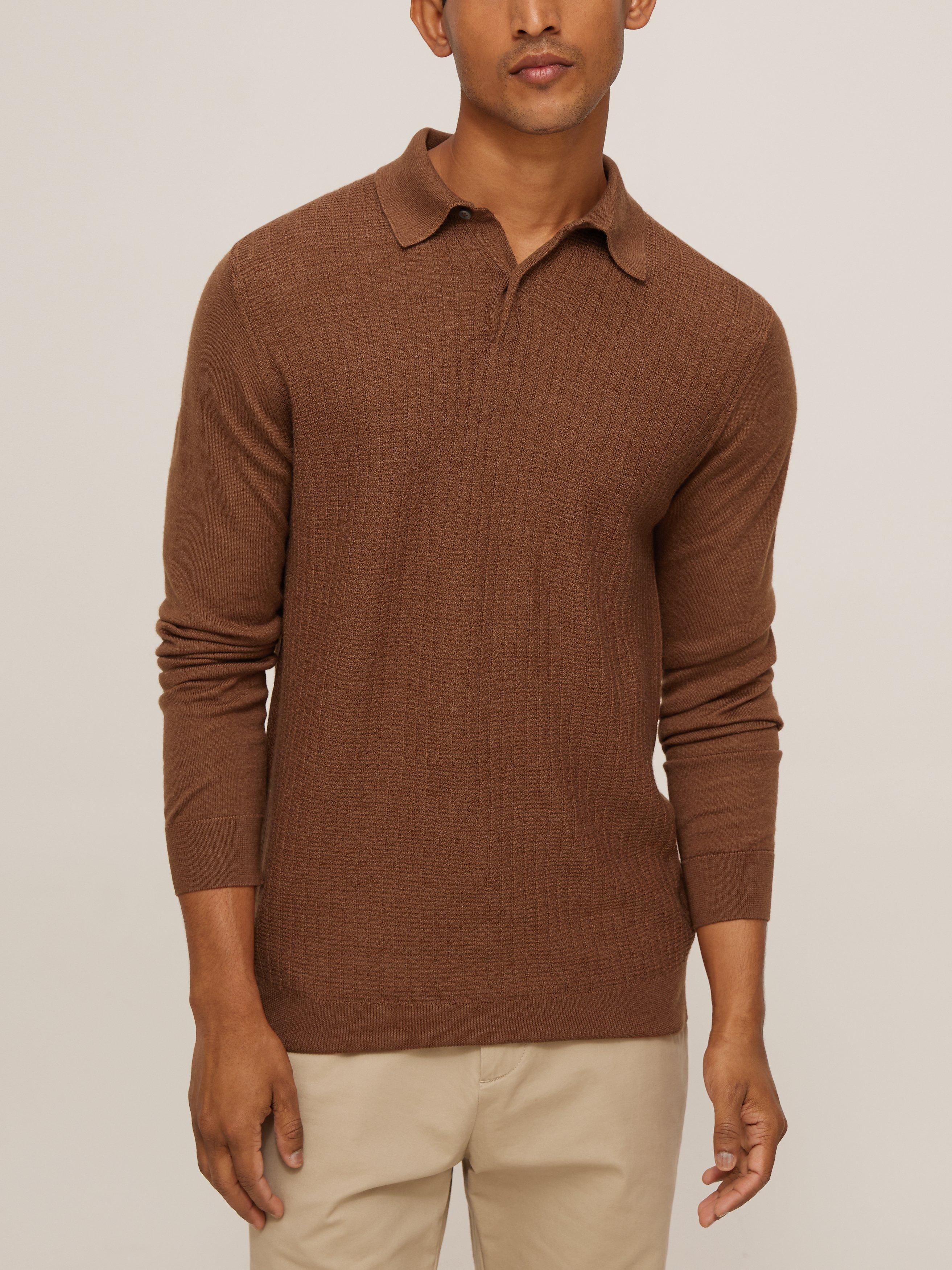 John Lewis Wool Silk Knitted Polo Shirt Brown