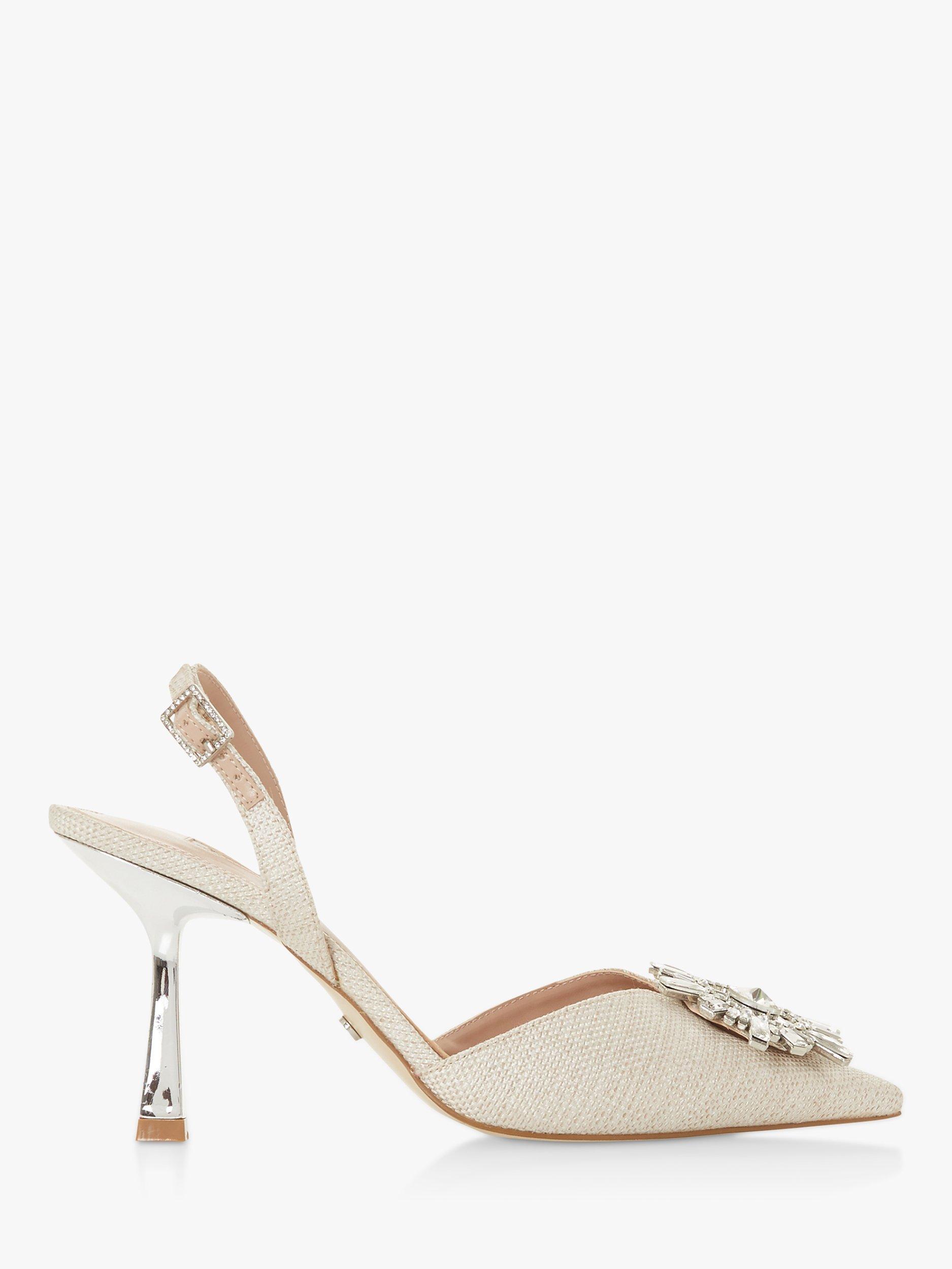 Dune Casis Brooch Fabric Slingback Heels, Natural