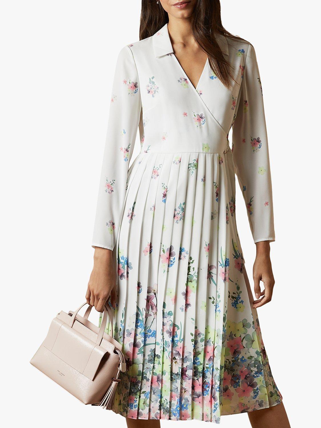 Ted Baker Ellian Pergola Long Sleeve Pleated Midi Dress, Natural Ivory