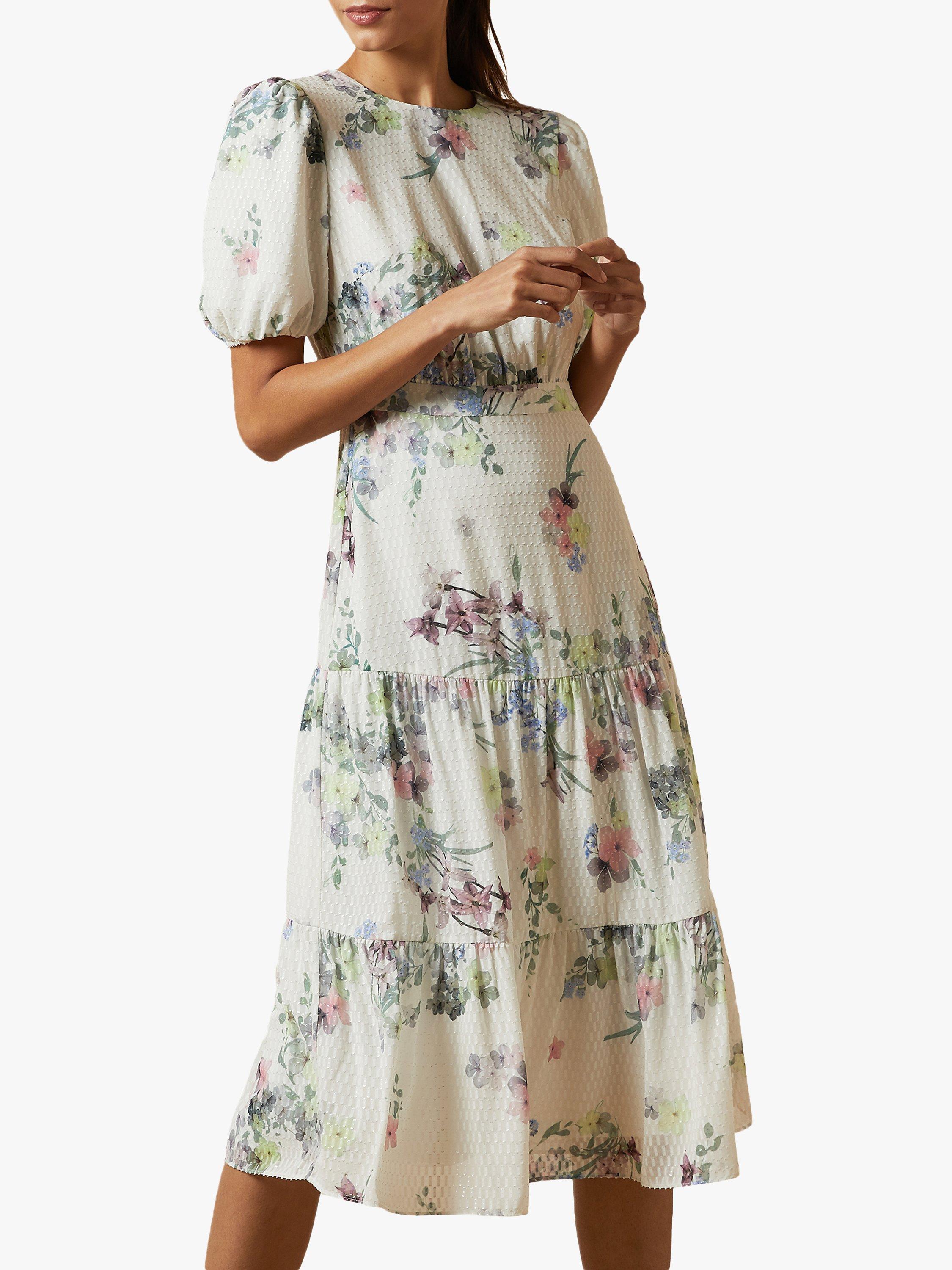 Ted Baker Grove Pergola Puff Sleeve Midi Dress, Natural Ivory
