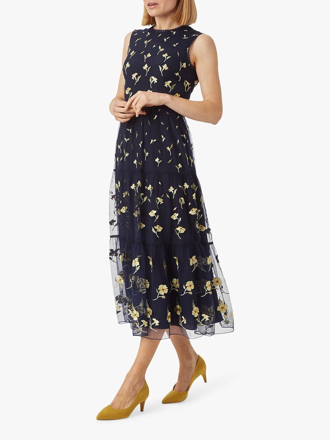 Hobbs Bethany Floral Print Midi Dress, Midnight Yellow
