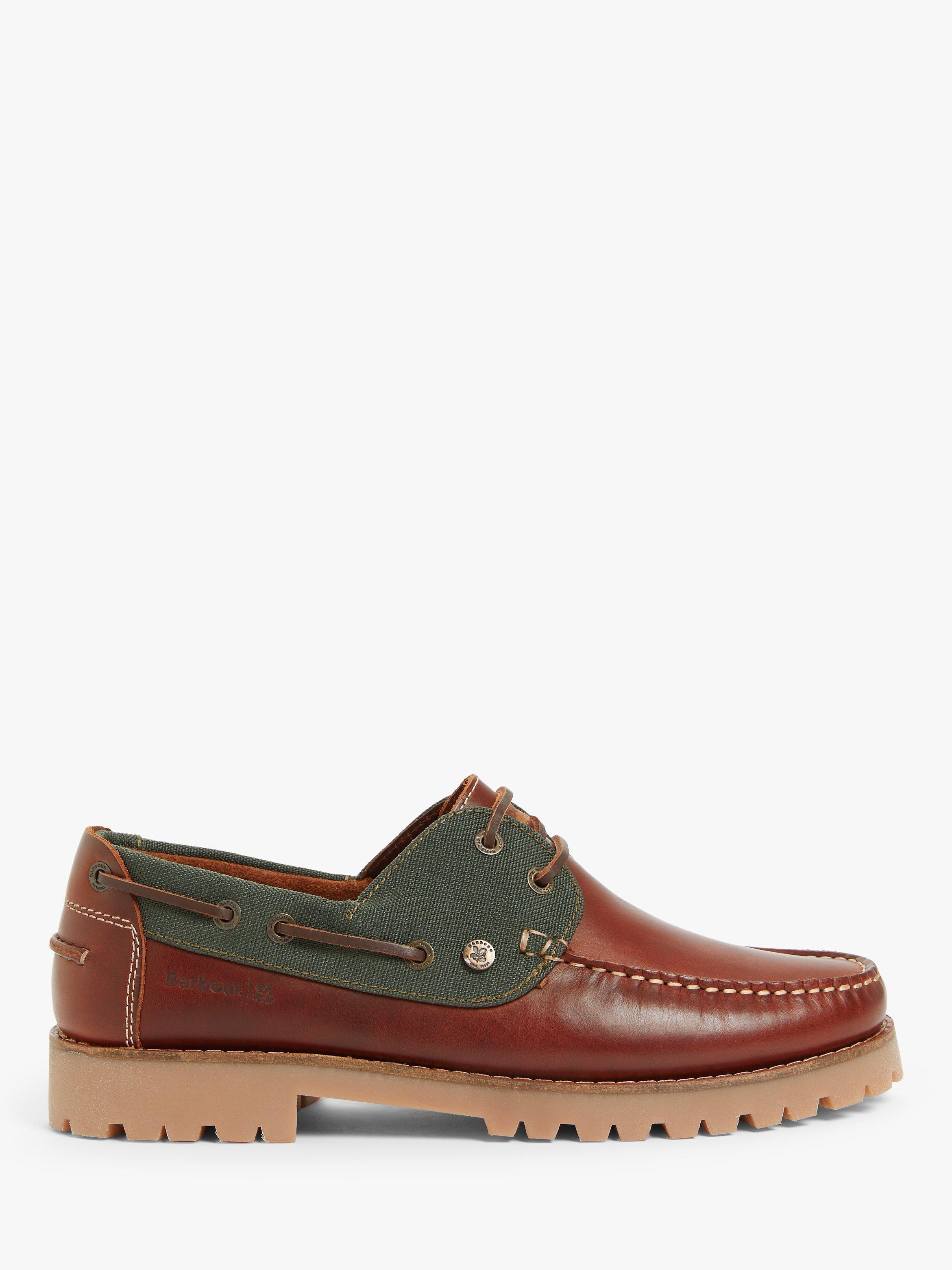 Barbour National Trust Lanyard Leather Canvas Boat Shoes, Green/Brown