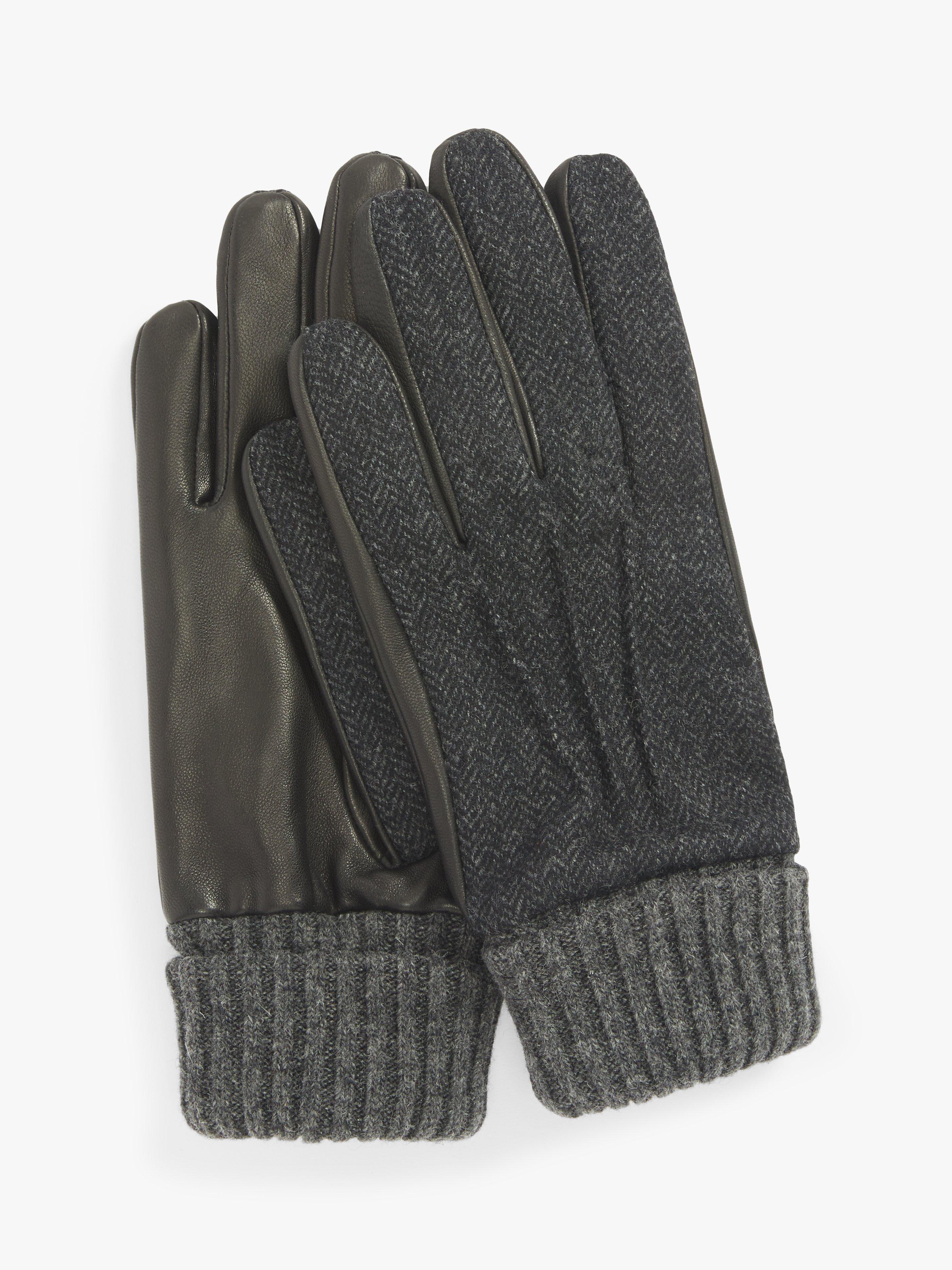 John Lewis British Wool Herringbone Leather Palm Gloves, Grey