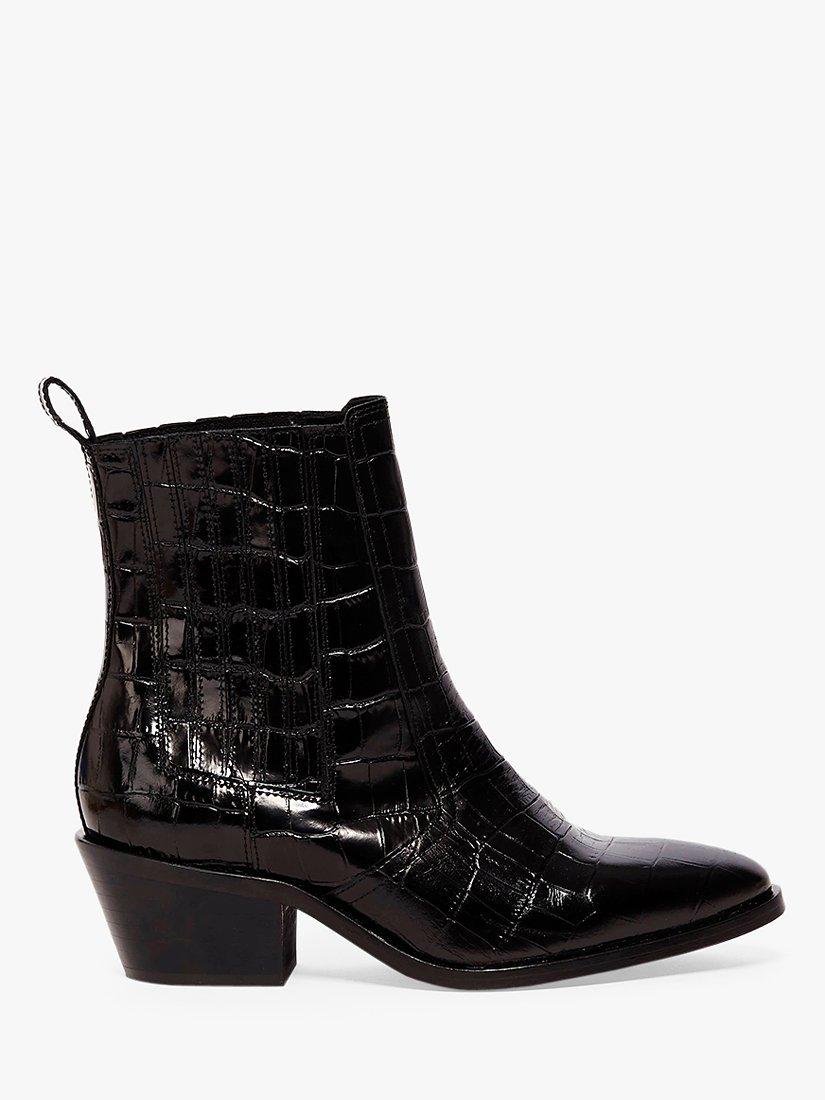 AllSaints Miriam Leather Croc Print Ankle Boots, Black